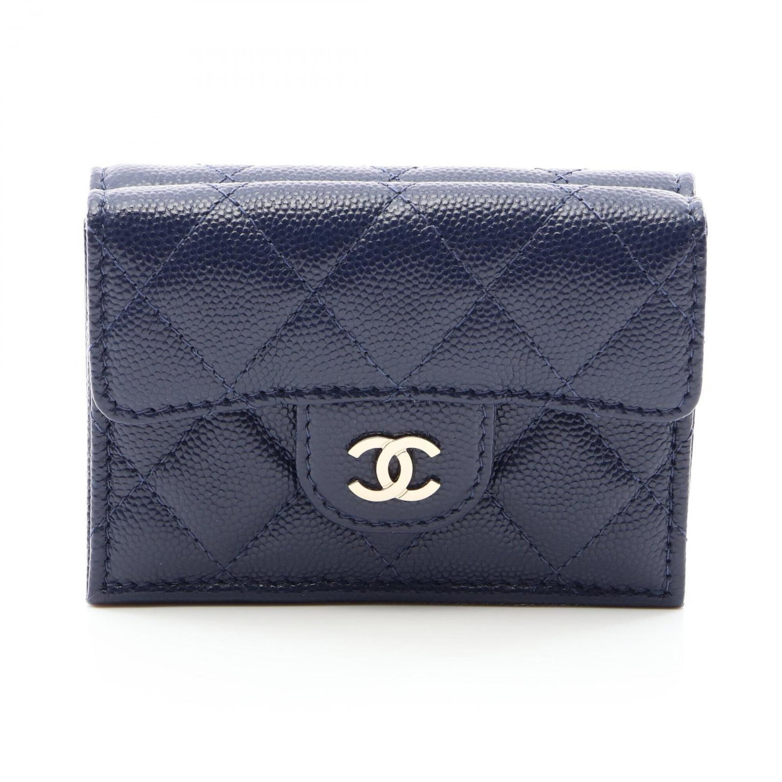 Chanel Wallet (Tri-Fold) Grained Calfskin: Chanel Wallet (Tri-Fold) Grained Calfskin Tri-fold wallet with a classic design, crafted from high-quality grained calfskin in a timeless navy color. This iconic Chanel piece features a sleek and soph