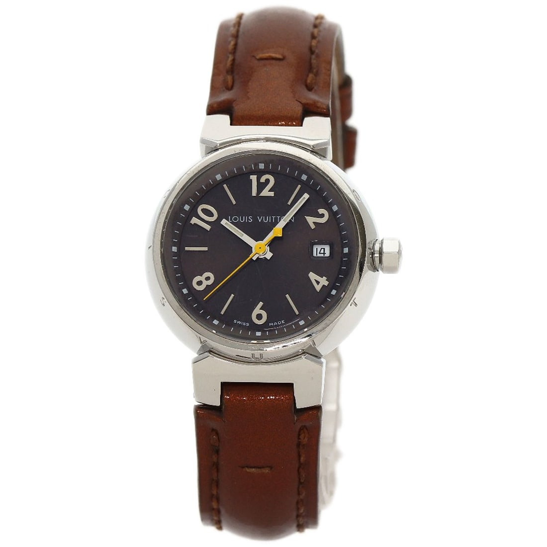 Stainless Steel Leather Watches Q1211 Louis Vuitton: Stainless Steel Leather Watches Q1211 Louis Vuitton Stainless Steel Leather Watches Q1211 Louis Vuitton boasts a sleek silver case and bezel, complemented by a brown leather strap. The watch features