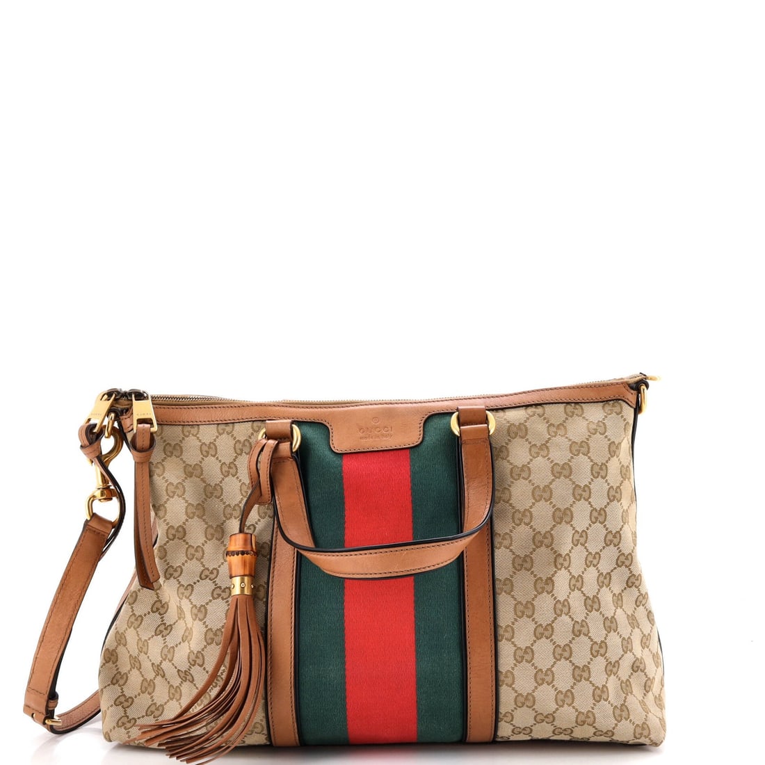 Gucci Web Handle Top Bag Medium Convertible Canvas: Gucci Web Handle Top Bag Medium Convertible Canvas The Gucci Web Handle Top Bag Medium Convertible Canvas boasts a timeless design with a rich brown canvas exterior and neutral interior. Its