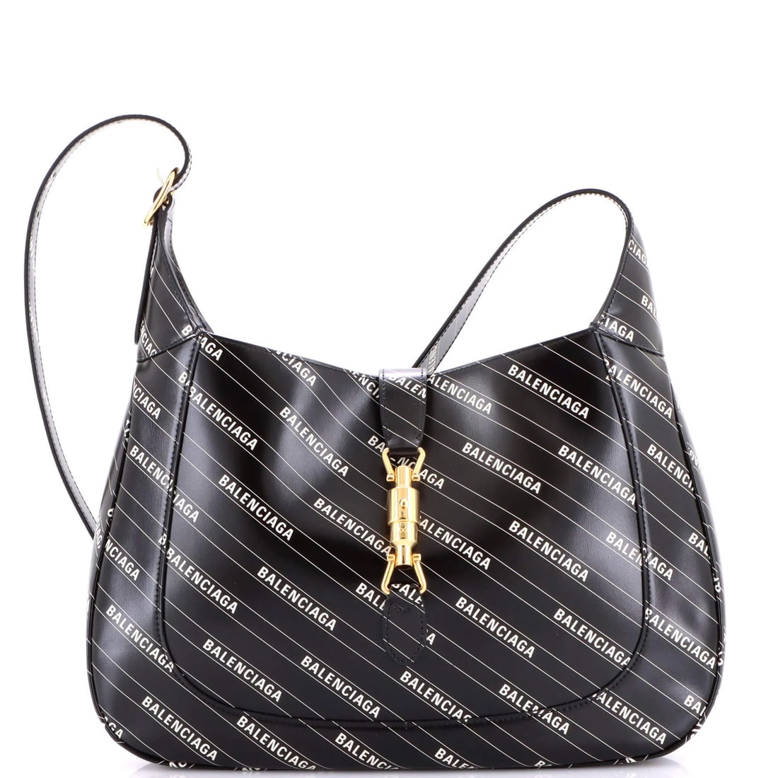 Hacker Project Gucci Leather Medium Printed Hobo 1961 Jackie Balenciaga: Hacker Project Gucci Leather Medium Printed Hobo 1961 Jackie Balenciaga Black leather medium printed hobo bag with a 15-25" strap drop, featuring a 10" x 13.5" x 2" design and gold hardware. The bag