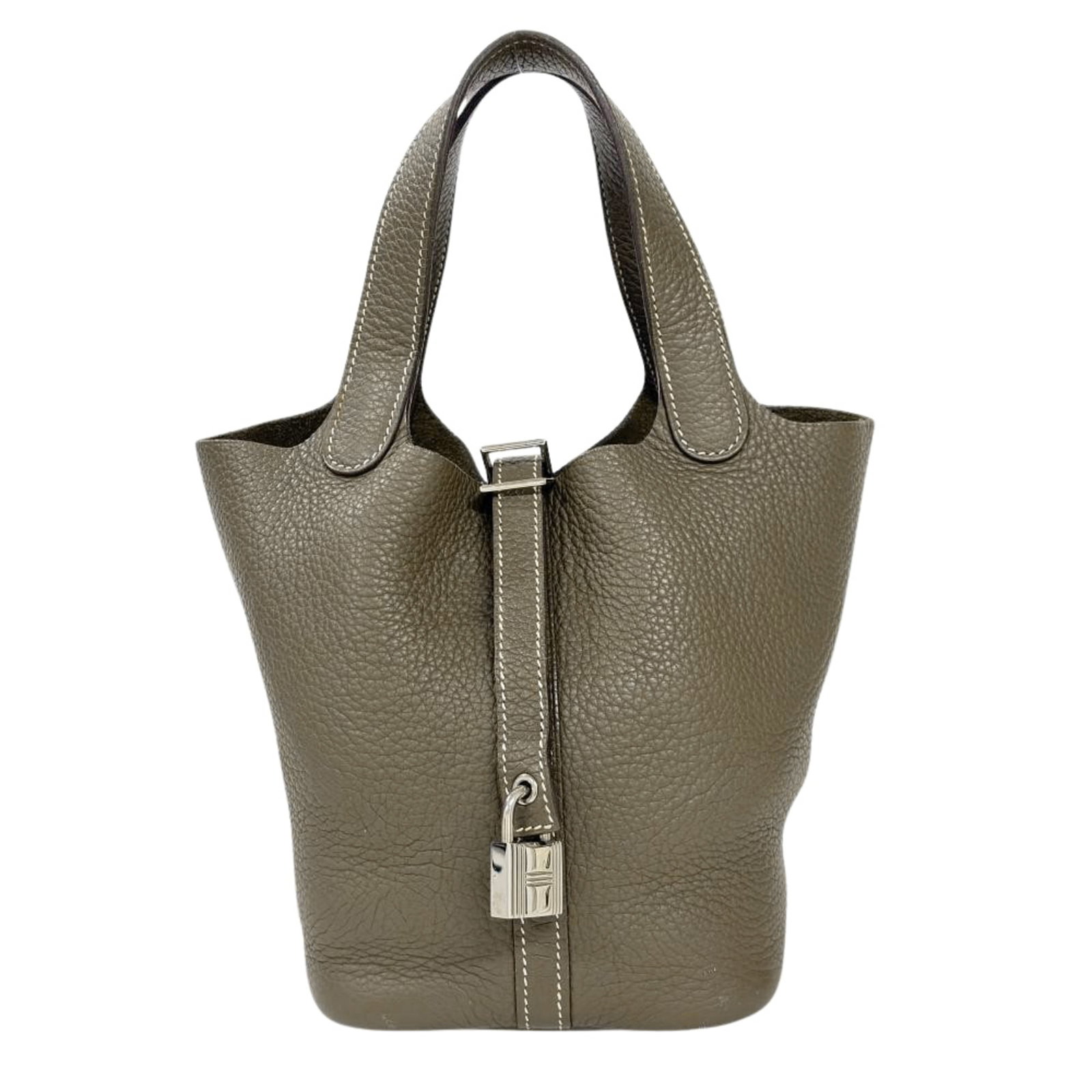 Clemence Leather Handbag Taurillon Hermes: Clemence Leather Handbag Taurillon Hermes Taurillon clemence leather handbag from the Hermes Picotin line, crafted in France with a sophisticated etoupe gray color and silver hardware. Measuring 18cm