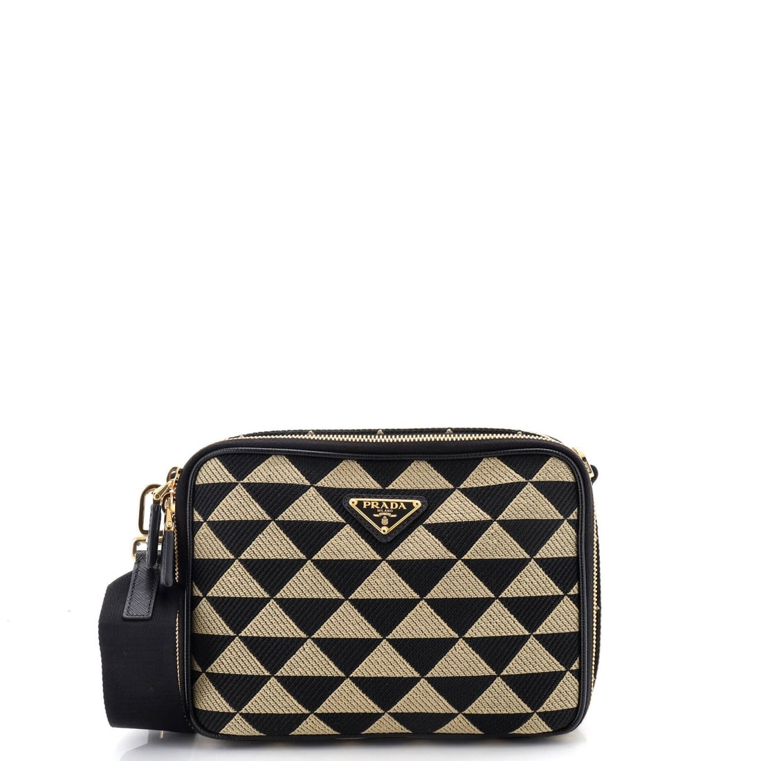 Zip Around Shoulder Bag Jacquard Prada Symbole: Zip Around Shoulder Bag Jacquard Prada Symbole The Prada Symbole Zip Around Shoulder Bag Jacquard Canvas is a stylish and functional cross-body bag with a unique jacquard design. Measuring 6" tall, 8"