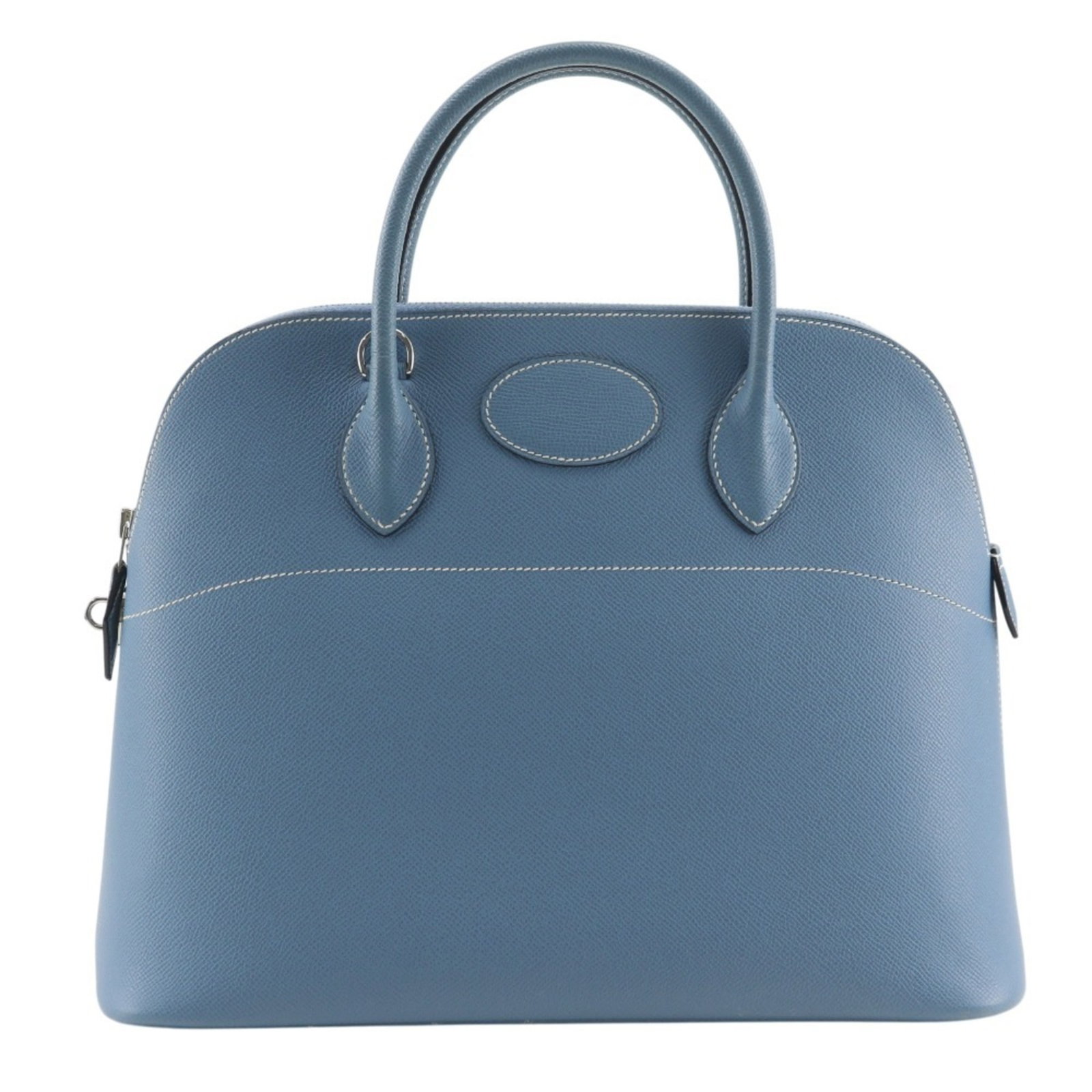 Handbag Epsom Leather by Hermes: Handbag Epsom Leather by Hermes Epsom leather craftsmanship shines in this Bolide handbag from Hermes, featuring a striking blue jean hue and sleek silver hardware. Measuring 27cm x 35cm x 14cm, this