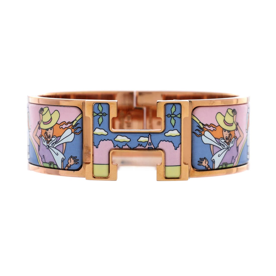 Clic H Hermes Bracelet Enamel Wide Printed: Clic H Hermes Bracelet Enamel Wide Printed The Clic H Hermes Bracelet Enamel Wide Printed boasts a striking blue and print design, set against a rose gold background, making it a visually appealing ac