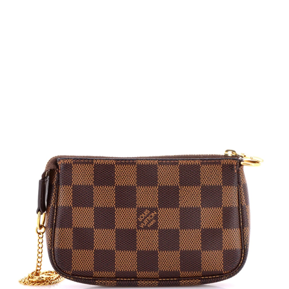 Vuitton Pochette Mini Accessoires Damier Louis: Vuitton Pochette Mini Accessoires Damier Louis Brown canvas coated Louis Vuitton Pochette Mini Accessoires Damier Mini features a classic design with a 6.5" handle drop and 4" height, measuring 5.5"