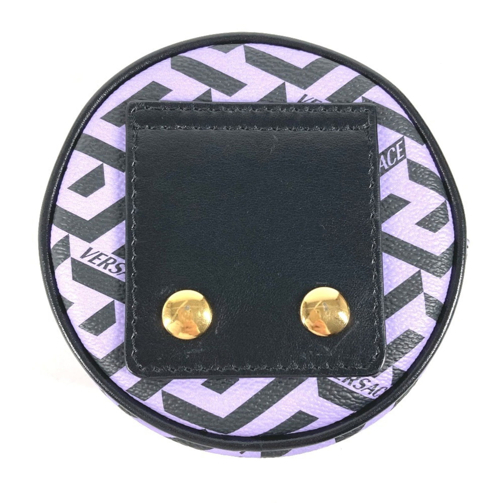 Versace pouch leather: Versace pouch leather Black and purple leather pouch from Versace, measuring 11cm x 11cm x 4.33'' in size, comes with a dust bag for protection. This leather pouch bears a signature, and is made from