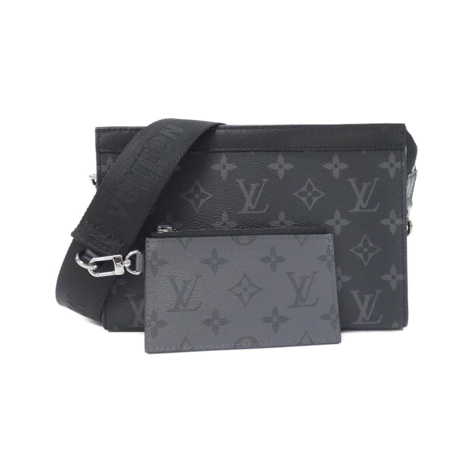 Coated Canvas Shoulder Bag Pouch By Louis Vuitton: Coated Canvas Shoulder Bag Pouch By Louis Vuitton Coated canvas, silver hardware, and a sleek black finish make this Louis Vuitton MPN M81124 shoulder bag pouch a stylish accessory. Measuring 14cm x
