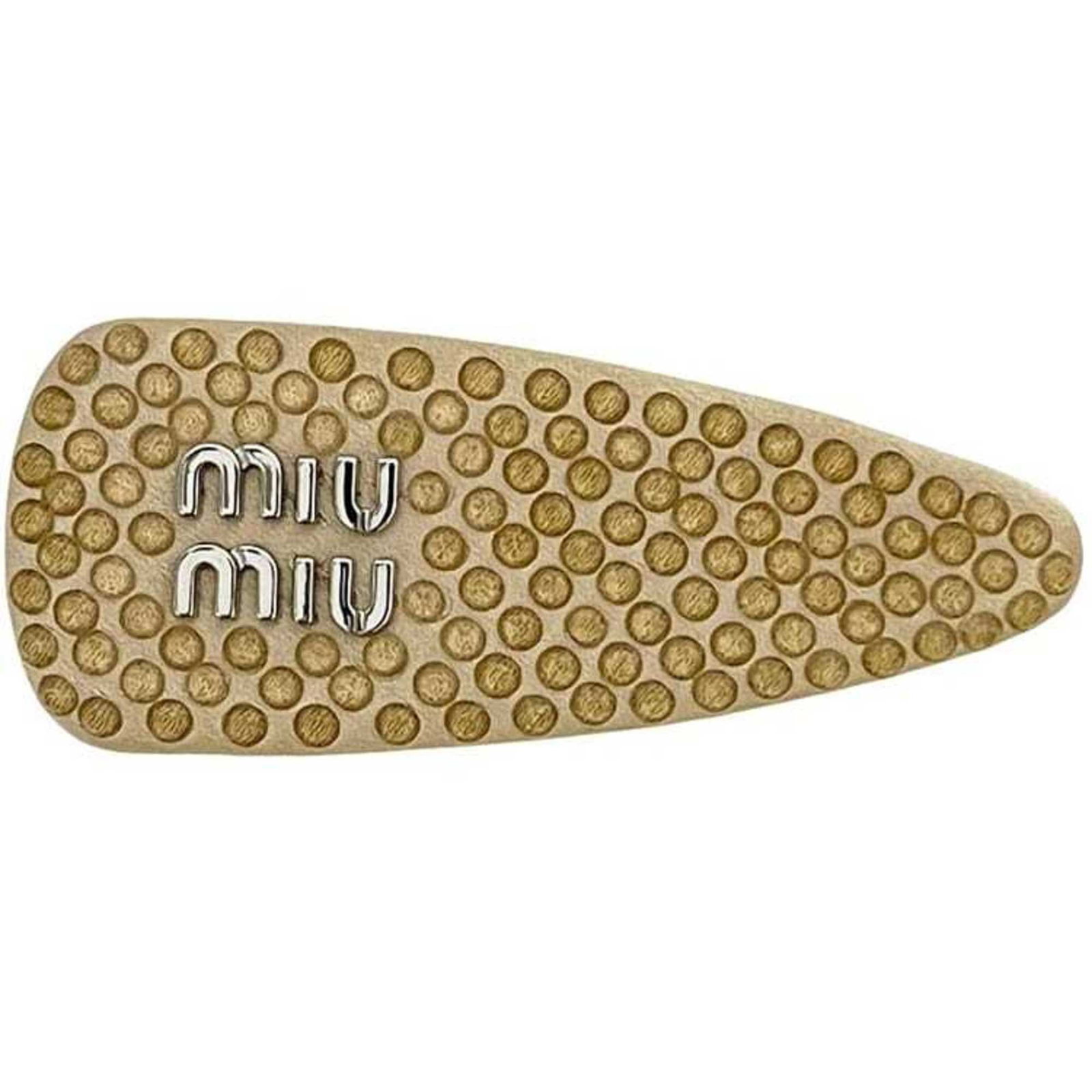 Rhinestone Satin Miu Barrette: Rhinestone Satin Miu Barrette Rhinestone Satin Miu Barrette is adorned with sparkling rhinestones in a sophisticated beige hue, adding a touch of glamour to any outfit. Made from satin and