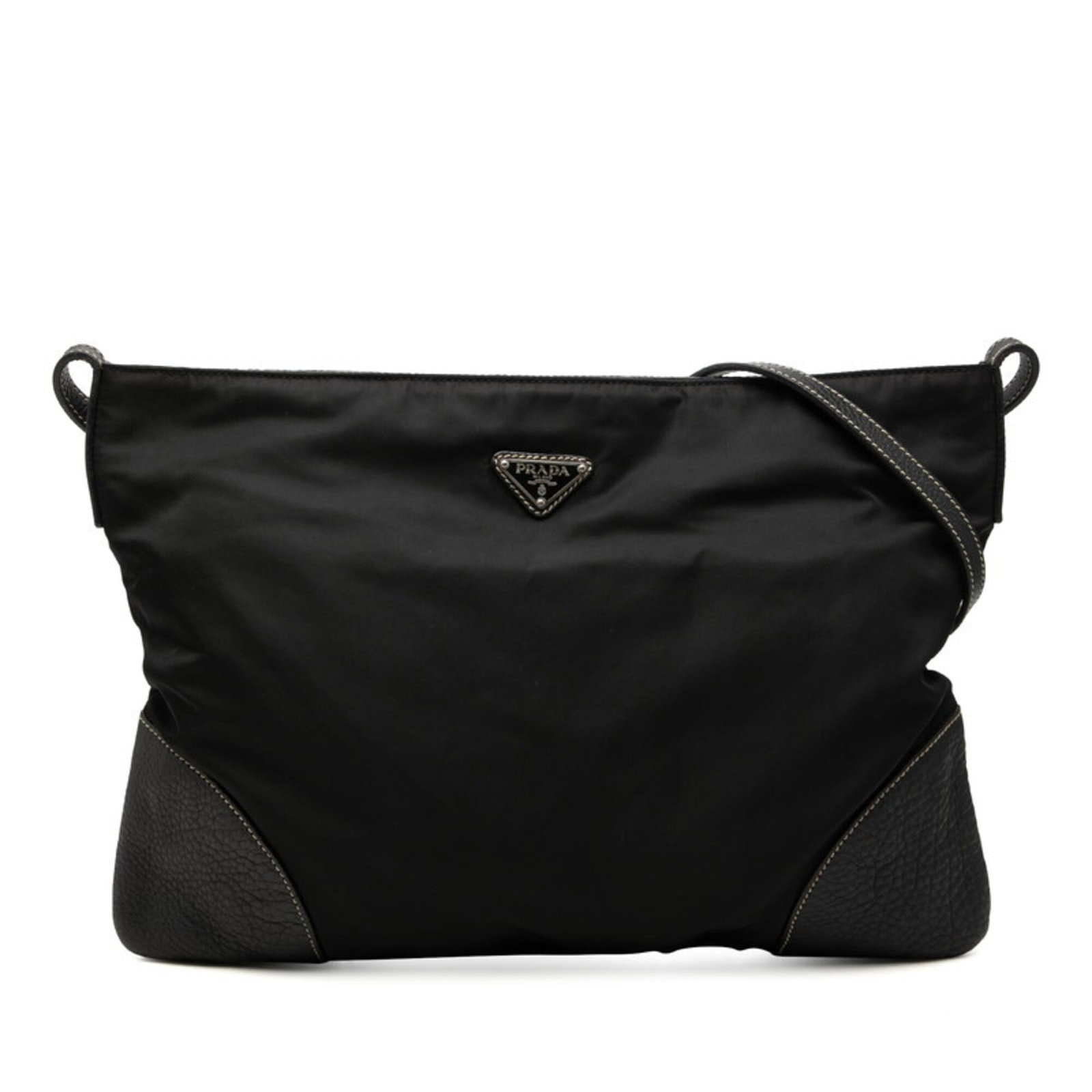 Shoulder Bag Nylon Leather Prada: Shoulder Bag Nylon Leather Prada Black Nylon Leather Prada shoulder bag with a sleek design, measuring 27.5cm x 39.5cm x 1cm. The bag's combination of nylon and leather materials adds a touch of