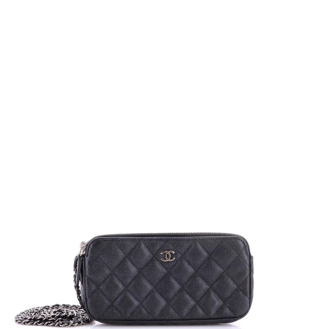 Zip Clutch with Chain Quilted Chanel Caviar: Zip Clutch with Chain Quilted Chanel Caviar Zip Clutch with Chain Quilted Caviar in Black Leather. This Double Zip Clutch features a chain quilted design and measures 4" in height, 7" in width, and