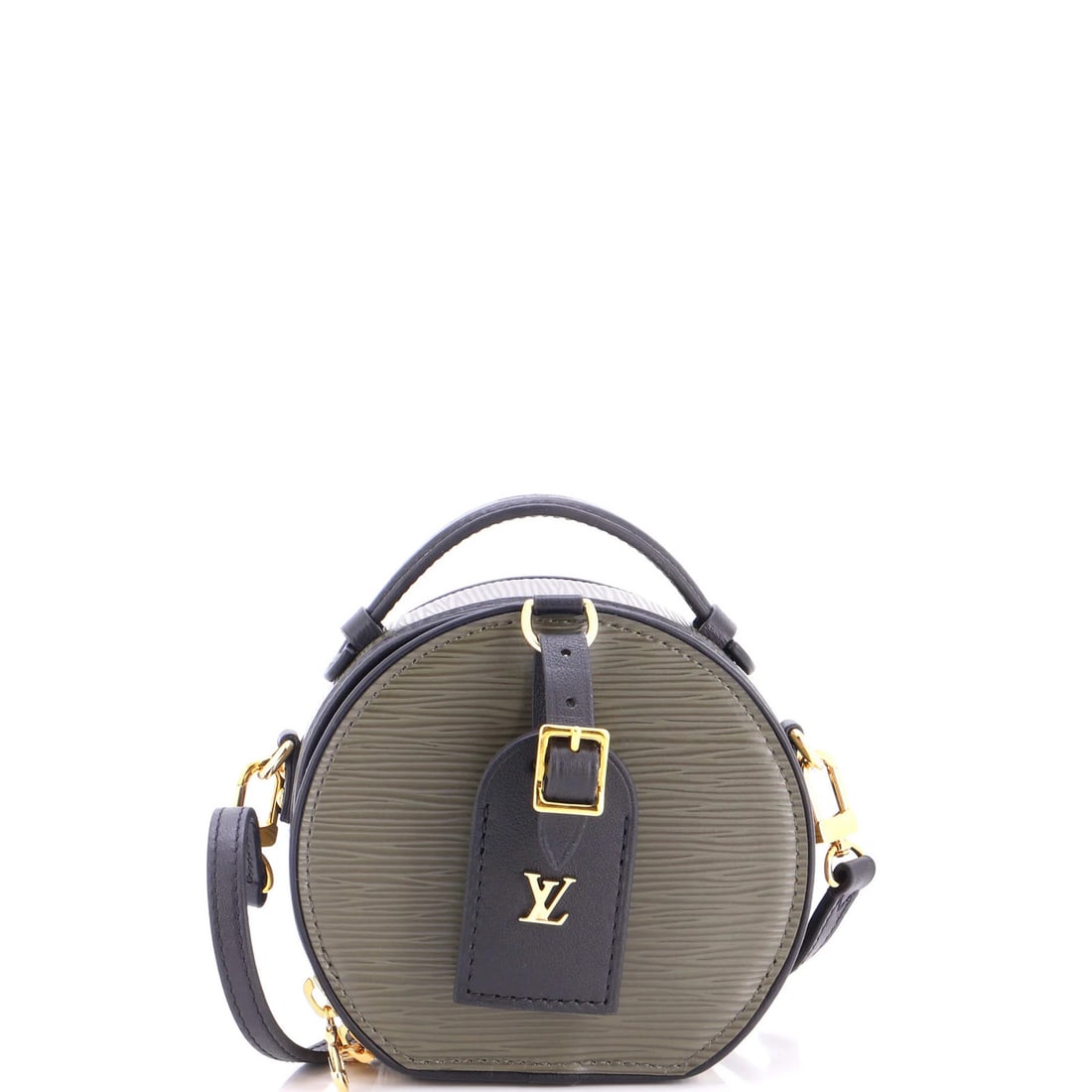 Epi Leather Bag Boite Chapeau Mini Louis Vuitton: Epi Leather Bag Boite Chapeau Mini Louis Vuitton The Epi Leather Mini Boite Chapeau Bag by Louis Vuitton boasts a striking green exterior with black accents, complemented by neutral leather interior.