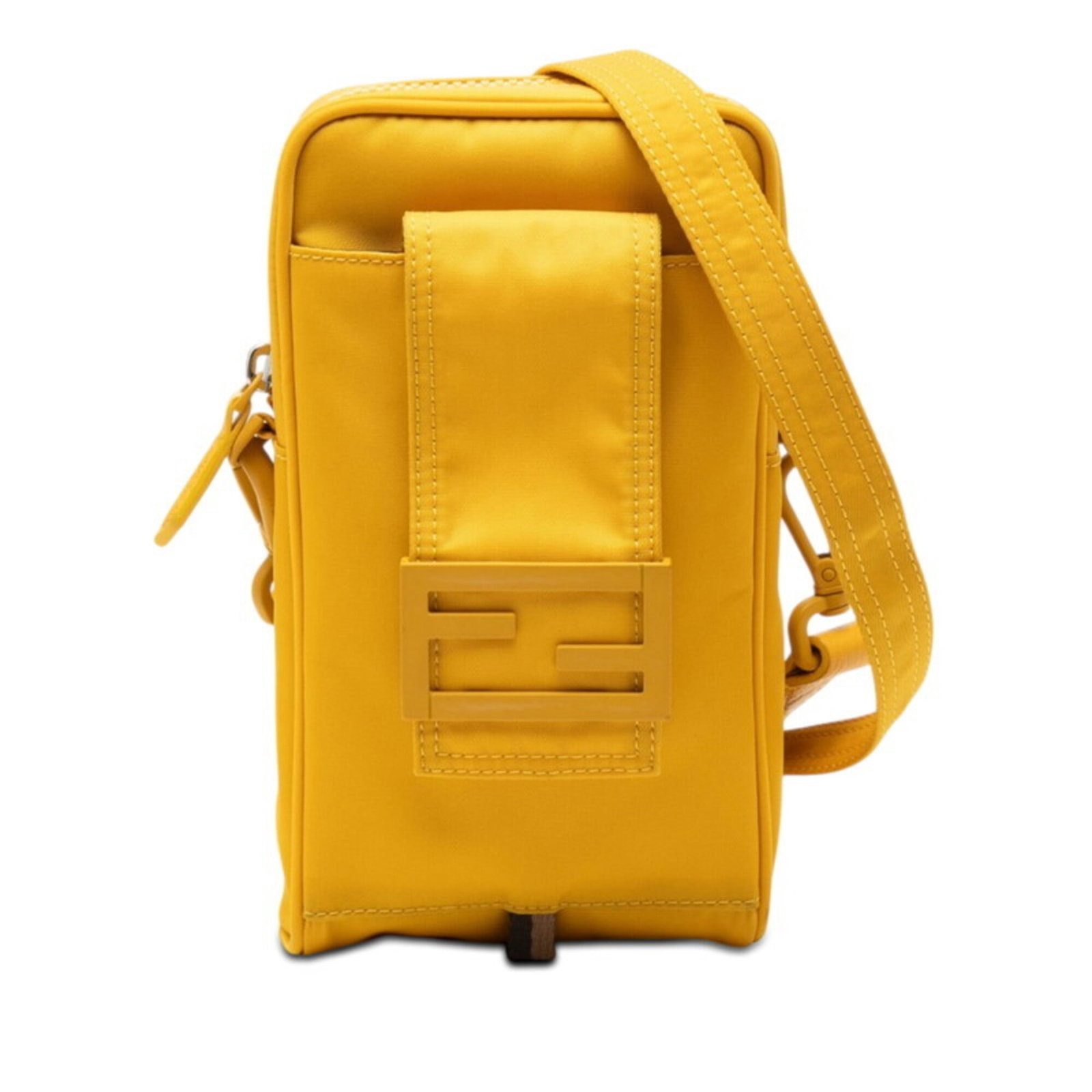 Pouch Nylon by Fendi: Pouch Nylon by Fendi Fendi's Pouch Nylon is a vibrant yellow pouch made from high-quality nylon material. Measuring 20cm x 11cm x 4.5cm, it features a compact size that fits perfectly in a handbag or