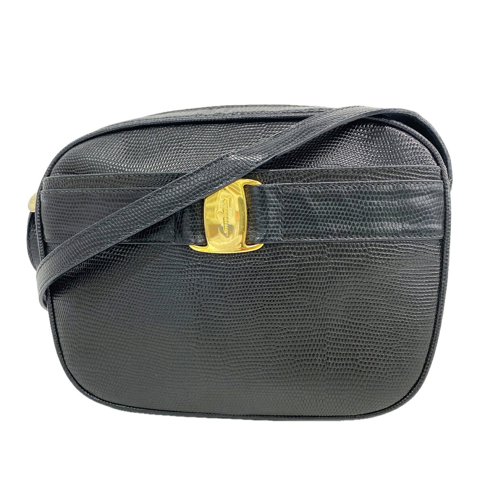 Ferragamo Leather Shoulder Bag: Ferragamo Leather Shoulder Bag Black leather shoulder bag with gold hardware, measuring 18cm x 24cm x 7.5cm, designed by Salvatore Ferragamo. This classic shoulder bag features high-quality leather