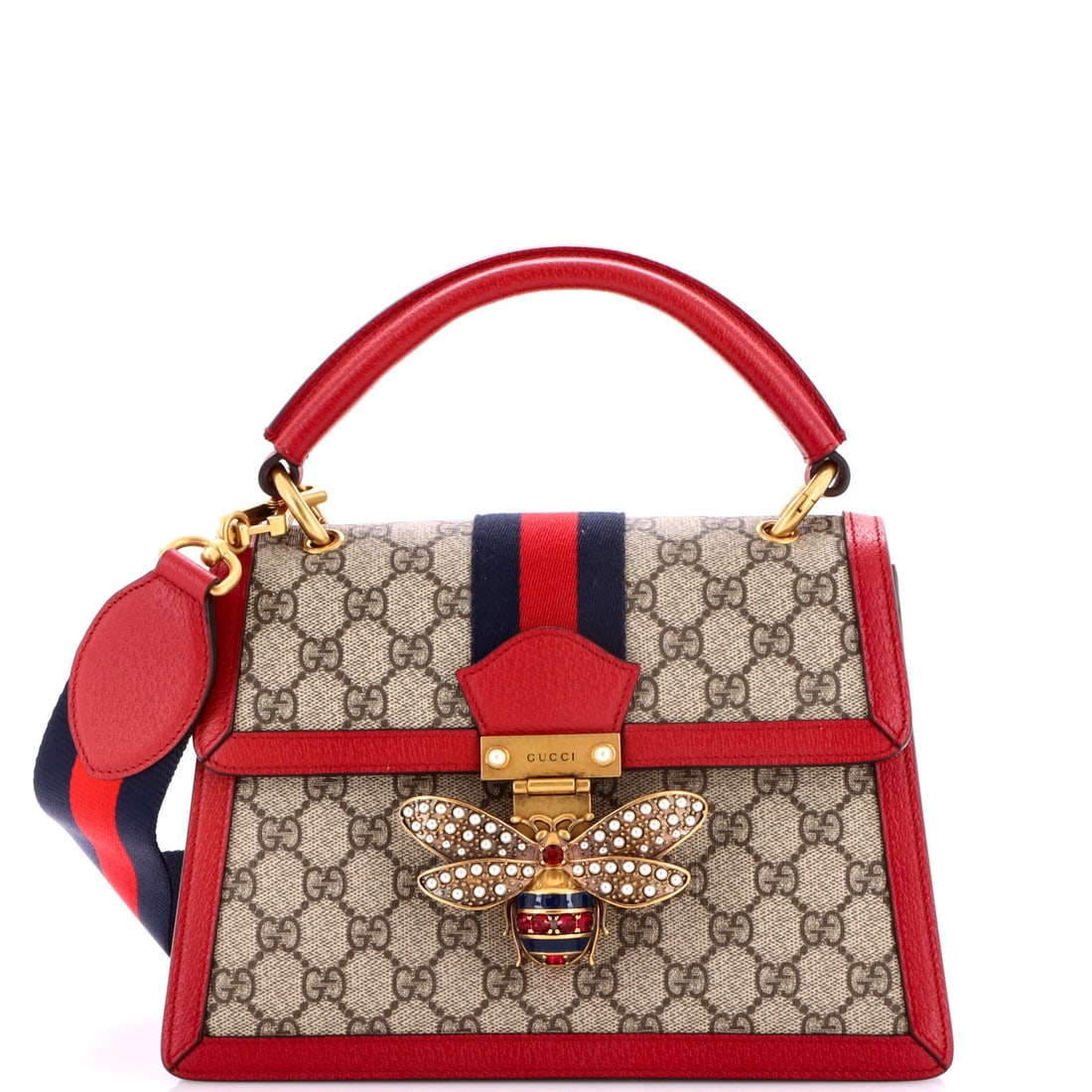 Small Top Handle Bag Coated Canvas with Leather GG Gucci: Small Top Handle Bag Coated Canvas with Leather GG Gucci Small Top Handle Bag Coated Canvas with Leather GG Gucci features a striking red exterior made from canvas coated leather, complemented by a