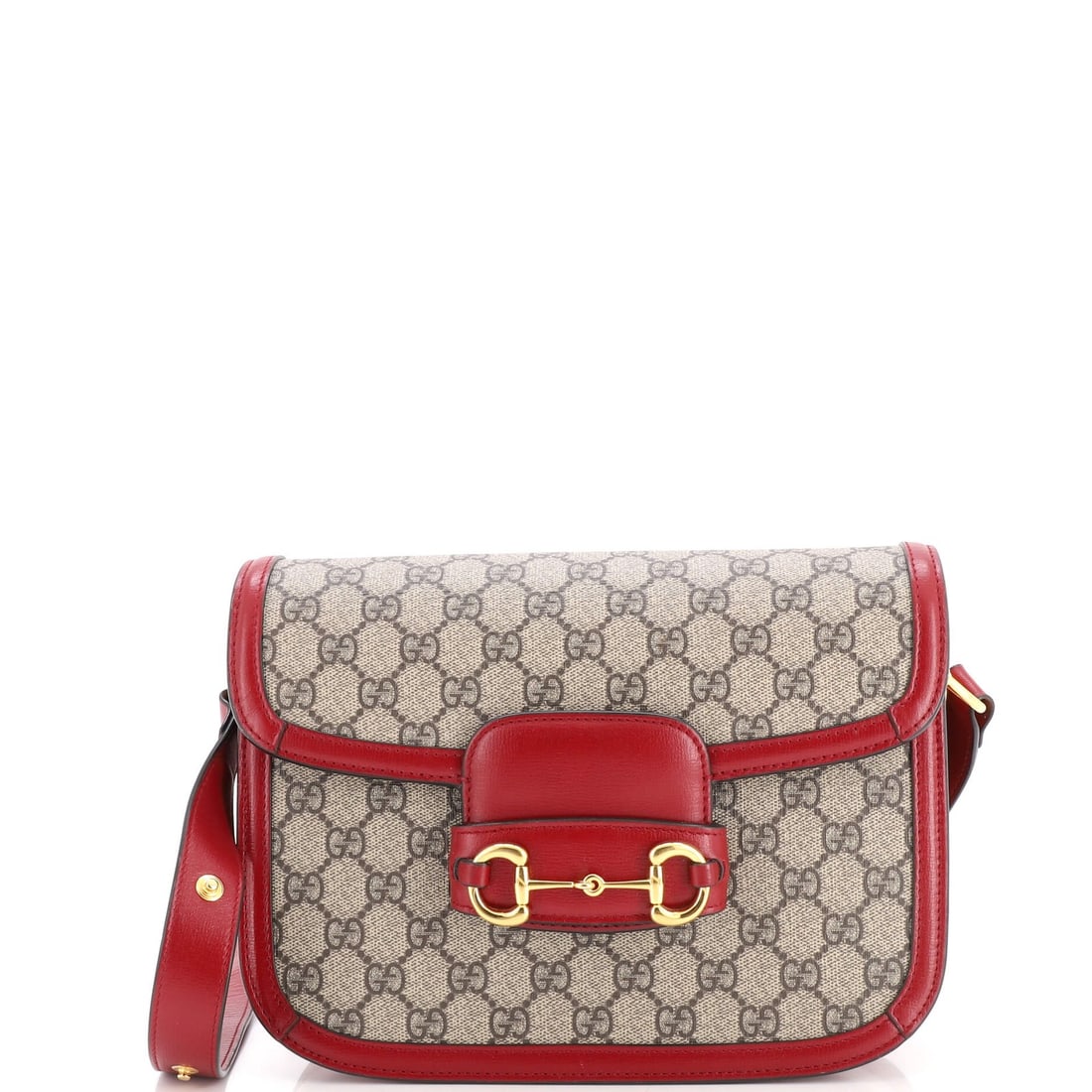 Gucci Horsebit Small GG Coated Canvas Leather Bag 1955: Gucci Horsebit Small GG Coated Canvas Leather Bag 1955 Small GG Coated Canvas Leather Bag with iconic Horsebit 1955 detail, featuring a striking red exterior and neutral interior, all held together wi