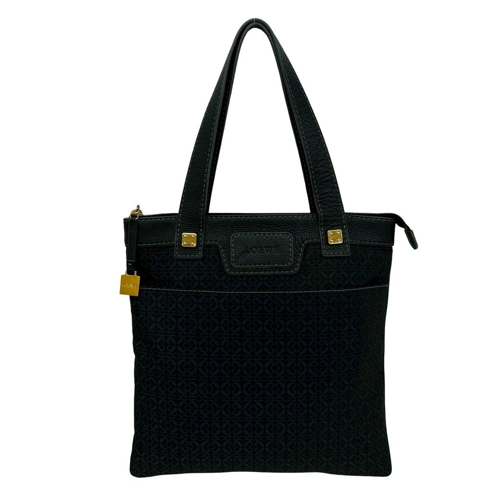 Canvas Leather Handbag Tote Loewe: Canvas Leather Handbag Tote Loewe Canvas and leather combine in this sleek black tote bag from Loewe, measuring 39cm x 39cm x 1.5cm. The canvas material provides a sturdy base, while the leather