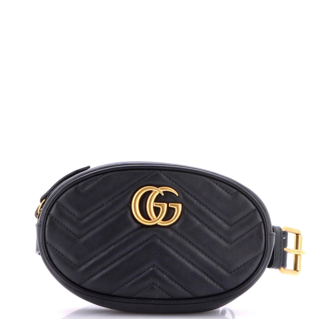 Matelasse Leather Belt Bag Gucci GG Marmont: Matelasse Leather Belt Bag Gucci GG Marmont Black Matelasse Leather GG Marmont Belt Bag with Aged Gold Hardware. This Gucci belt bag features a unique matelasse leather exterior with a neutral