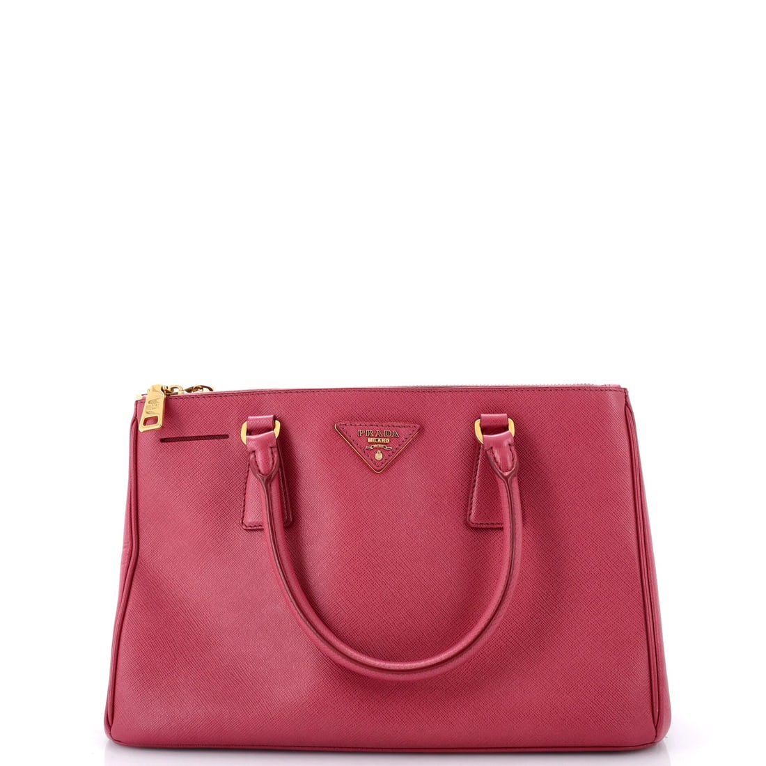 Prada Double Zip Lux Tote Saffiano Leather Small: Prada Double Zip Lux Tote Saffiano Leather Small Prada Double Zip Lux Tote Saffiano Leather Small in Pink, featuring a striking double zip closure and elegant saffiano leather exterior. Measuring 8"