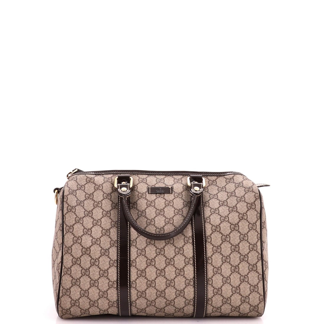Gucci Joy Boston Bag GG Coated Canvas Medium: Gucci Joy Boston Bag GG Coated Canvas Medium The Gucci Joy Boston Bag GG Coated Canvas Medium boasts a rich brown exterior with a subtle sheen, crafted from high-quality canvas coated material. With i
