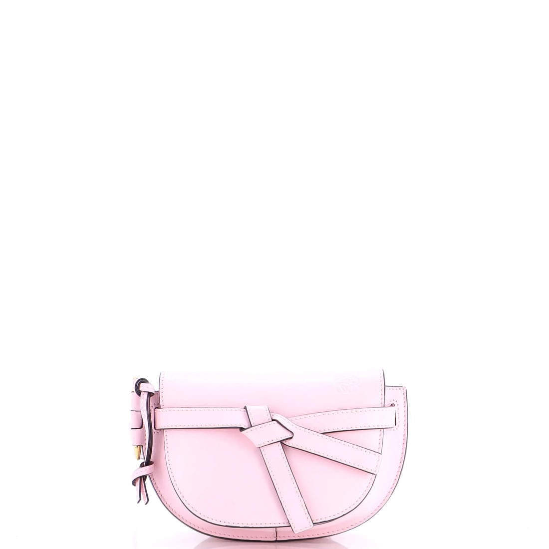 Gate Leather Belt Mini Bag: Gate Leather Belt Mini Bag The Gate Leather Belt Mini Bag is a stylish and compact accessory, featuring a soft pink leather exterior with suede interior and gold tone hardware. Measuring 5" tall and 7