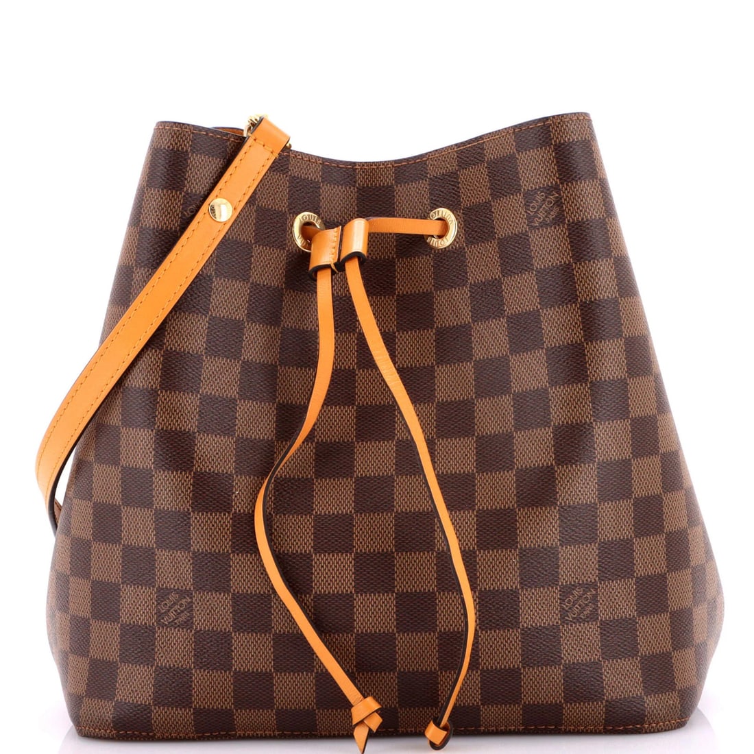 Louis Vuitton NeoNoe Handbag Damier with Leather MM: Louis Vuitton NeoNoe Handbag Damier with Leather MM The Louis Vuitton NeoNoe Handbag Damier with Leather MM boasts a classic bucket design in rich brown canvas, complemented by a pop of vibrant