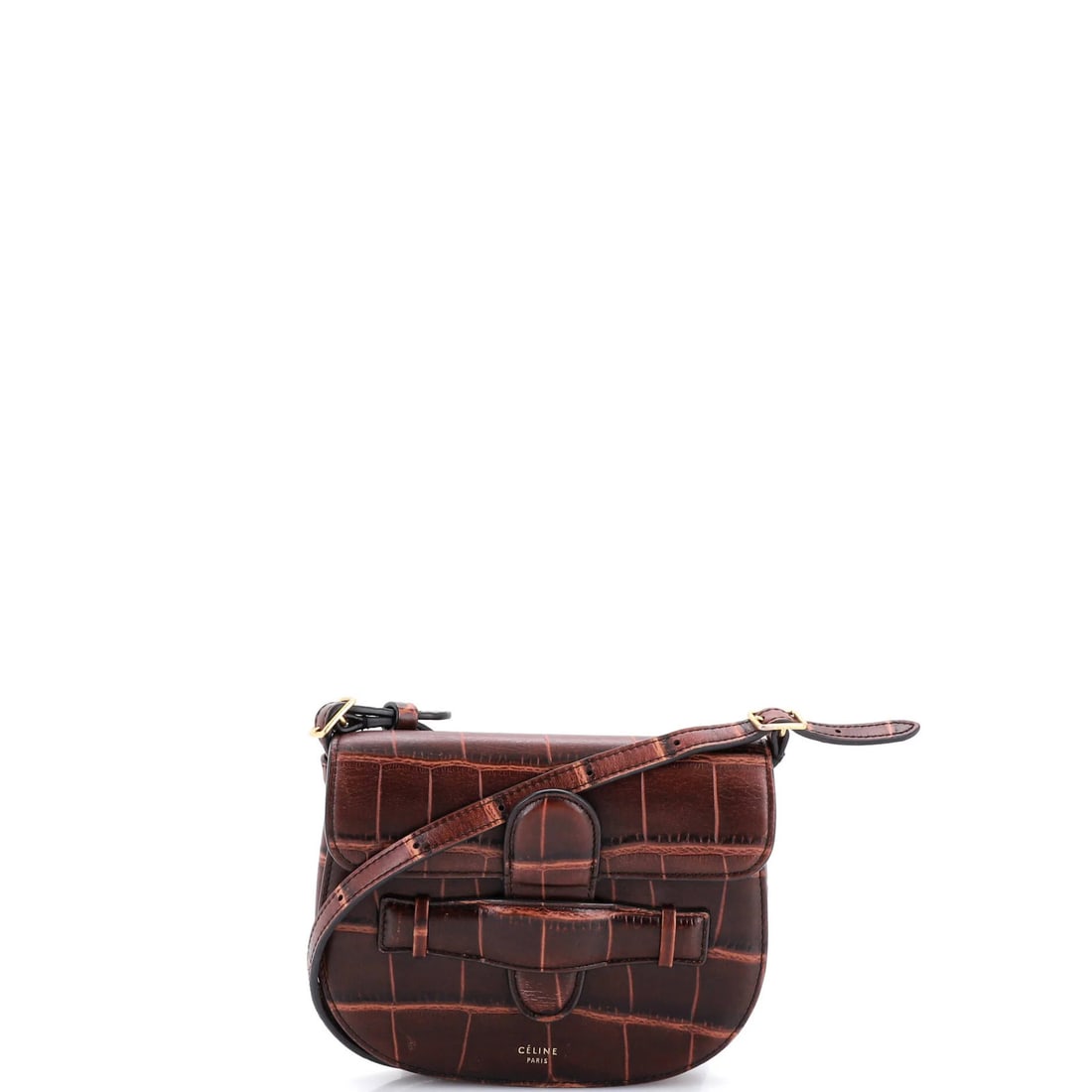 Mini Crocodile Embossed Leather Shoulder Bag Celine: Mini Crocodile Embossed Leather Shoulder Bag Celine Miniature in size, this brown leather Celine shoulder bag boasts a striking crocodile embossed exterior, adding a touch of luxury to any outfit. The