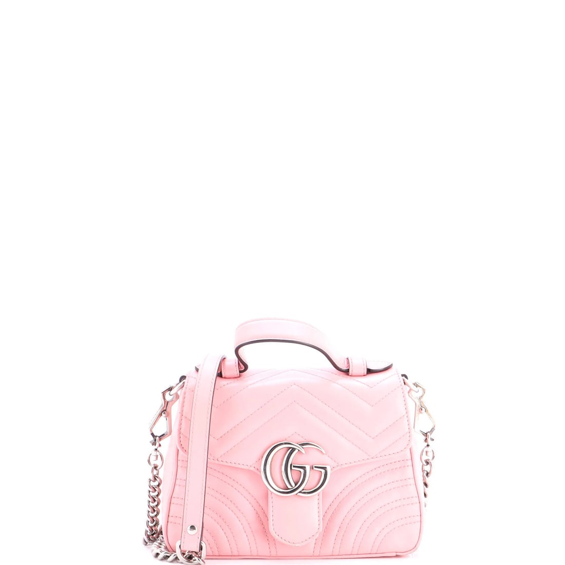 Matelasse Leather GG Marmont Mini Top Handle Bag: Matelasse Leather GG Marmont Mini Top Handle Bag Pink Matelasse Leather GG Marmont Mini Top Handle Bag. This mini top handle bag features a unique matelasse leather exterior in pink, with a gold hardw