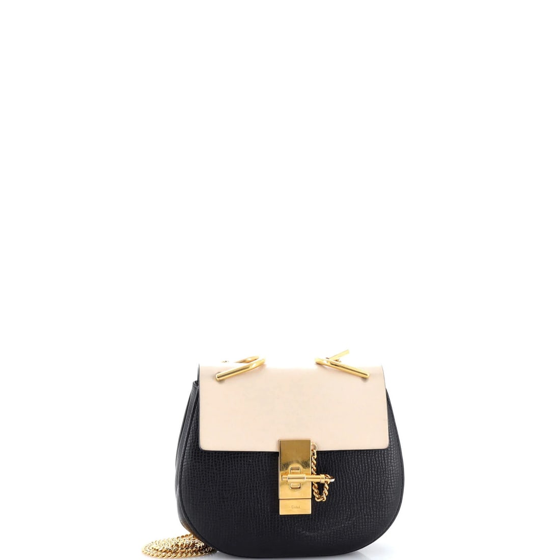 Crossbody bag leather perforated mini Chloe Drew: Crossbody bag leather perforated mini Chloe Drew Black perforated leather mini Chloe Drew crossbody bag with gold hardware, featuring a neutral suede interior. The bag has a compact size with a 22"