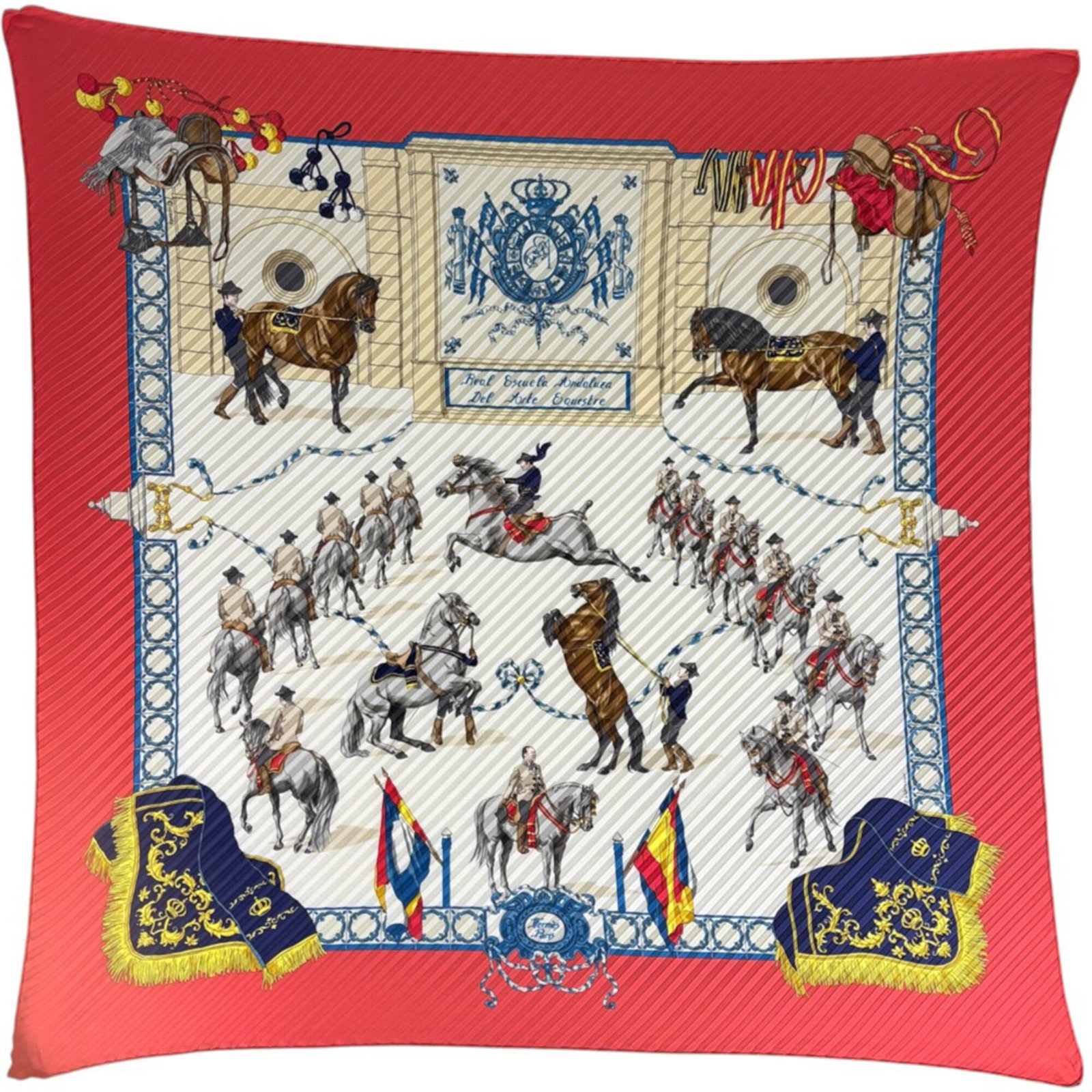 Silk Hermes Scarf: Silk Hermes Scarf Silk from the renowned French fashion house, this vibrant multi-color scarf features a striking red hue. Measuring 88cm x 89cm, it boasts a classic 34.64'' x 35.03'' size. Made from
