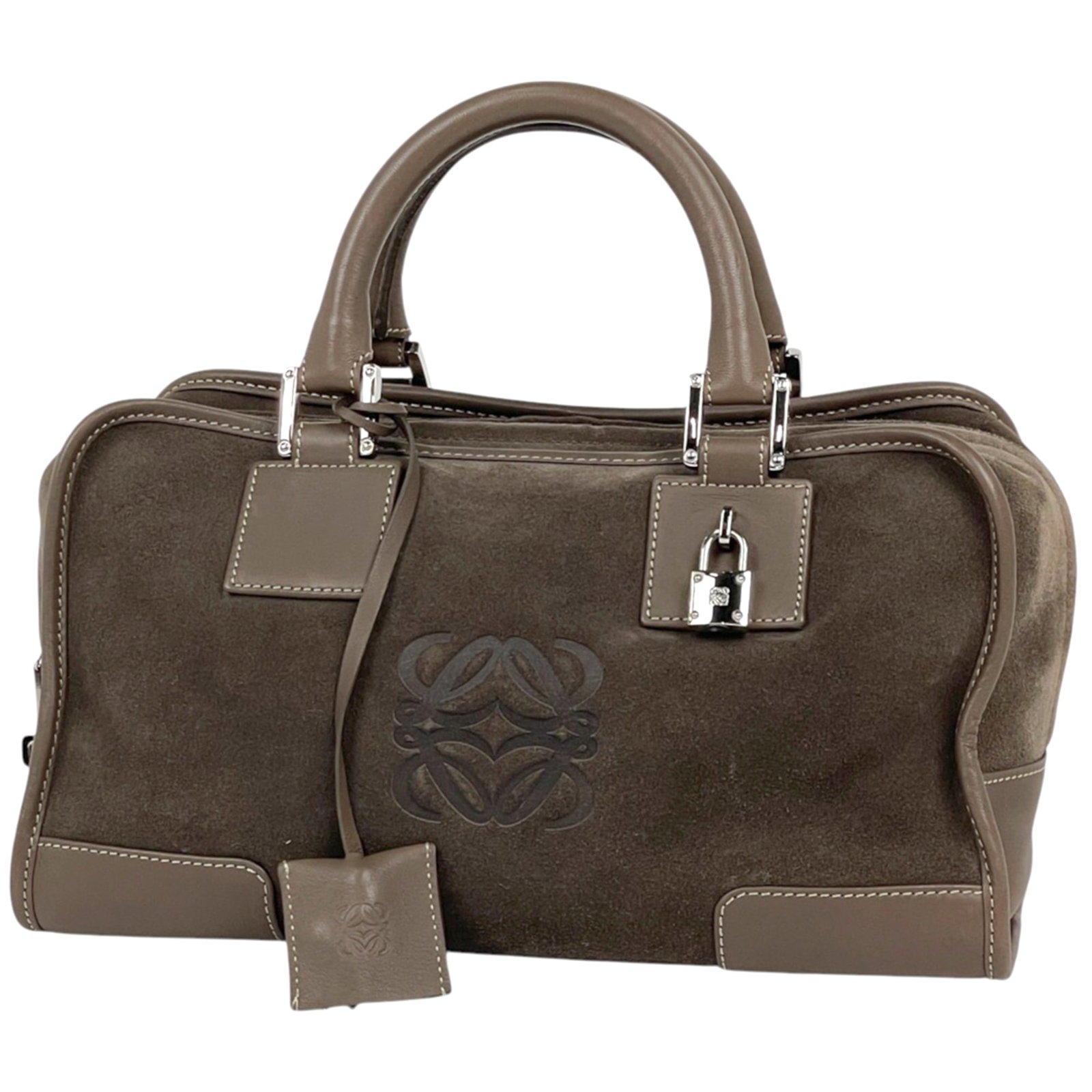 Handbag Leather Suede Loewe: Handbag Leather Suede Loewe Suede and leather blend in this Amazona handbag from Loewe, a classic design in rich brown. The bag measures 17cm x 29cm x 13cm, making it a compact and stylish accessory.