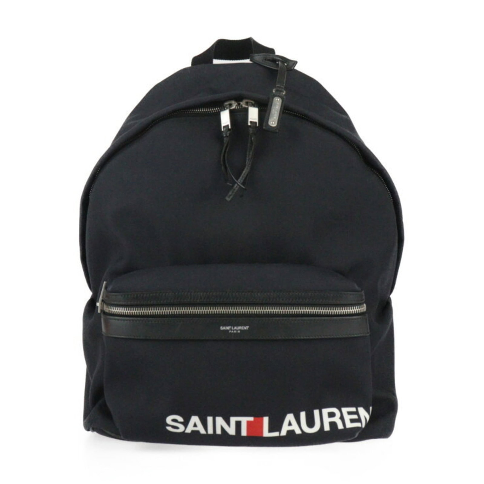 Leather Canvas Yves Saint Laurent Backpack Handbag: Leather Canvas Yves Saint Laurent Backpack Handbag Black canvas and leather Yves Saint Laurent backpack, a sleek and stylish handbag with silver hardware, measuring 42cm x 31cm x 15cm. The bag's 98cm