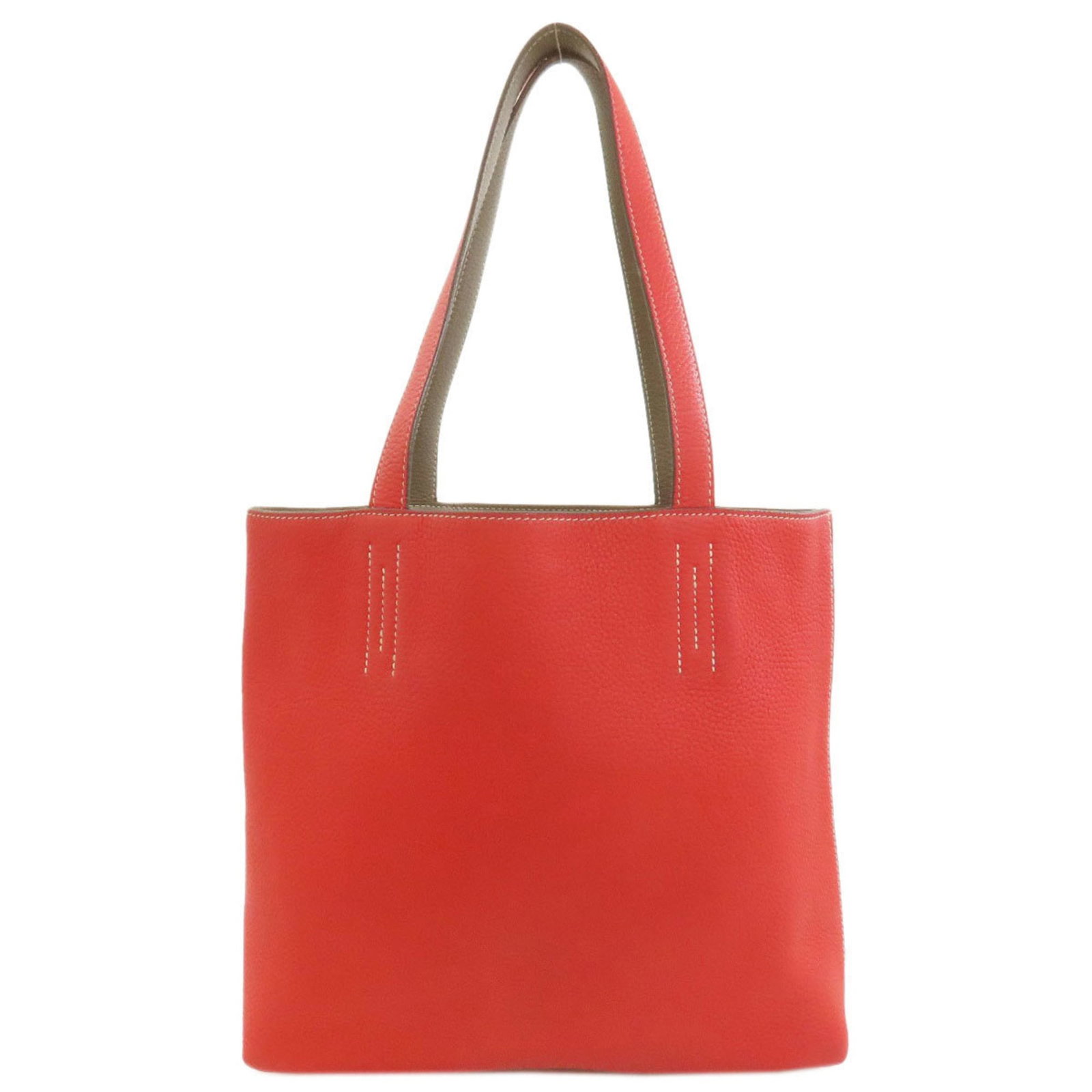 Hermes Tote: Hermes Tote Etoupe gray and red colorways add visual interest to this classic Hermes tote, measuring 26cm x 28cm x 10cm. The 49cm handle length provides a comfortable carry, while the bag's compact