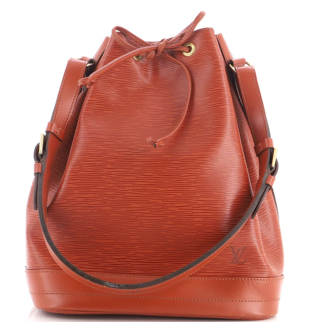 Large Epi Leather Handbag Louis Vuitton: Large Epi Leather Handbag Louis Vuitton Brown Louis Vuitton Epi Leather Bucket Handbag with Gold Hardware, featuring a classic design and durable construction. The bag's exterior shows signs of wear,
