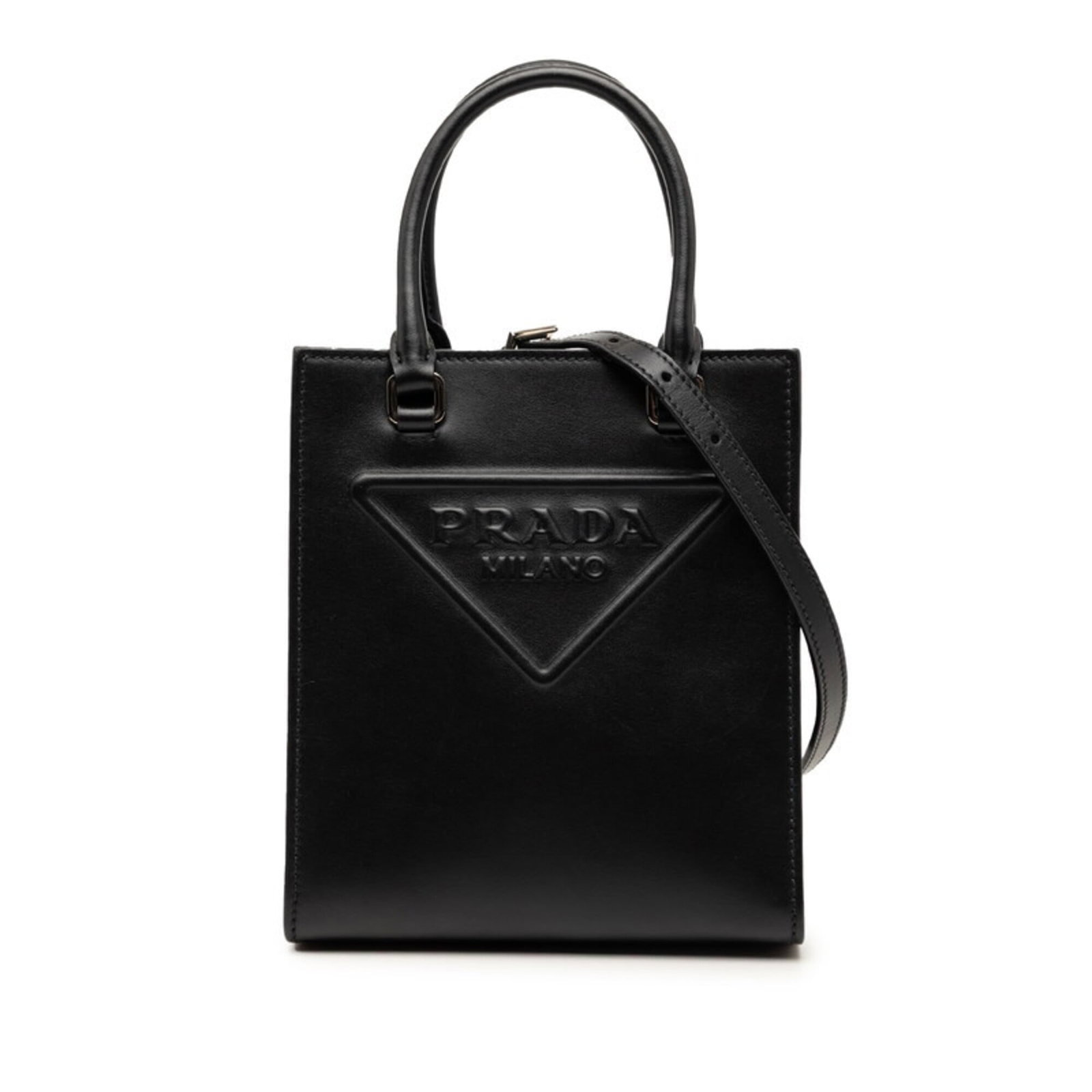 Prada Handbag Shoulder Bag Leather: Prada Handbag Shoulder Bag Leather This sleek black leather shoulder bag from Prada features a sophisticated design with clean lines and a compact size, making it perfect for everyday use. With its
