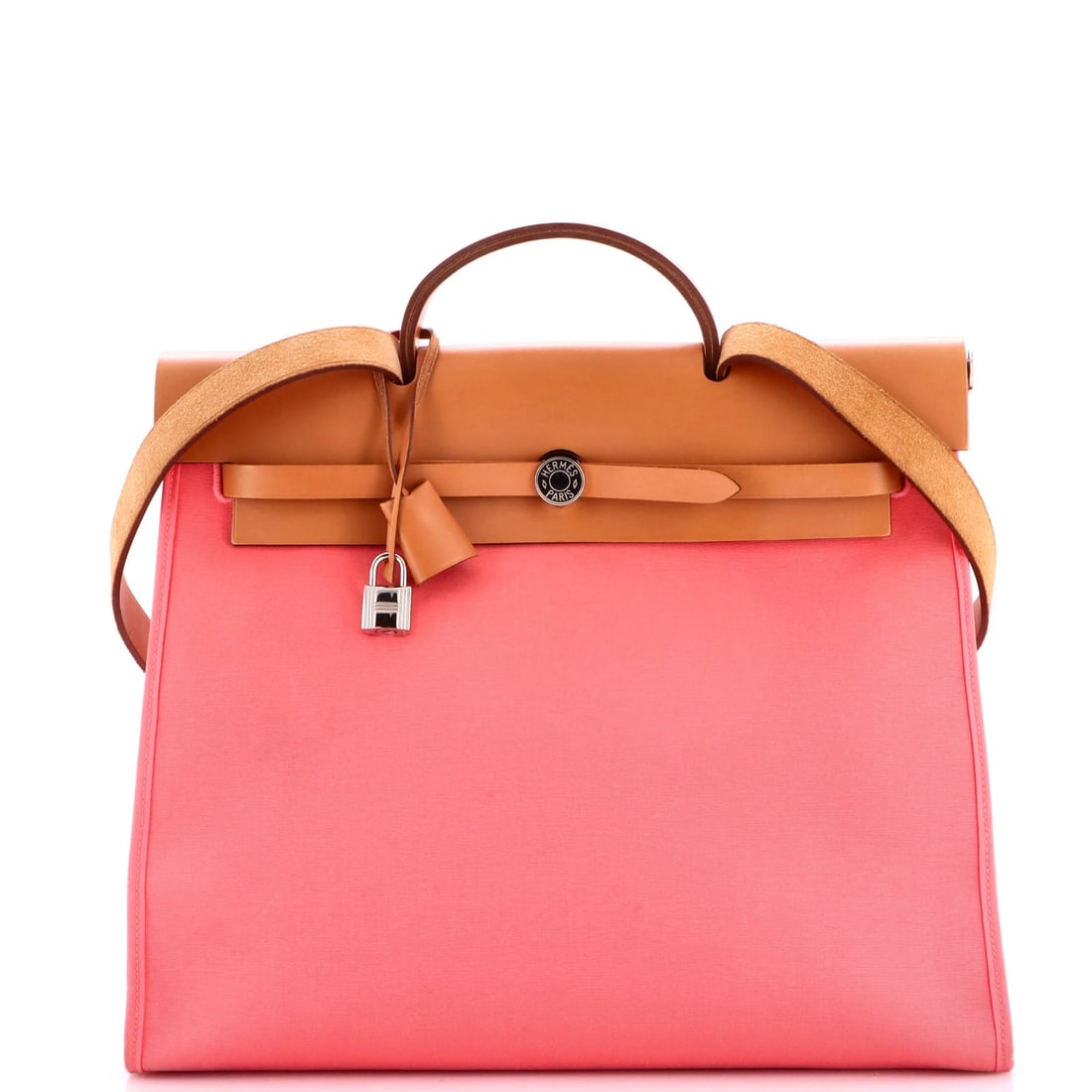 Hermes Herbag Zip Leather Toile 39: Hermes Herbag Zip Leather Toile 39 Pink Herm?s Herbag Zip Leather Toile 39 shoulder bag features a classic design with a canvas interior and leather exterior, adorned with a palladium lock and keys. T