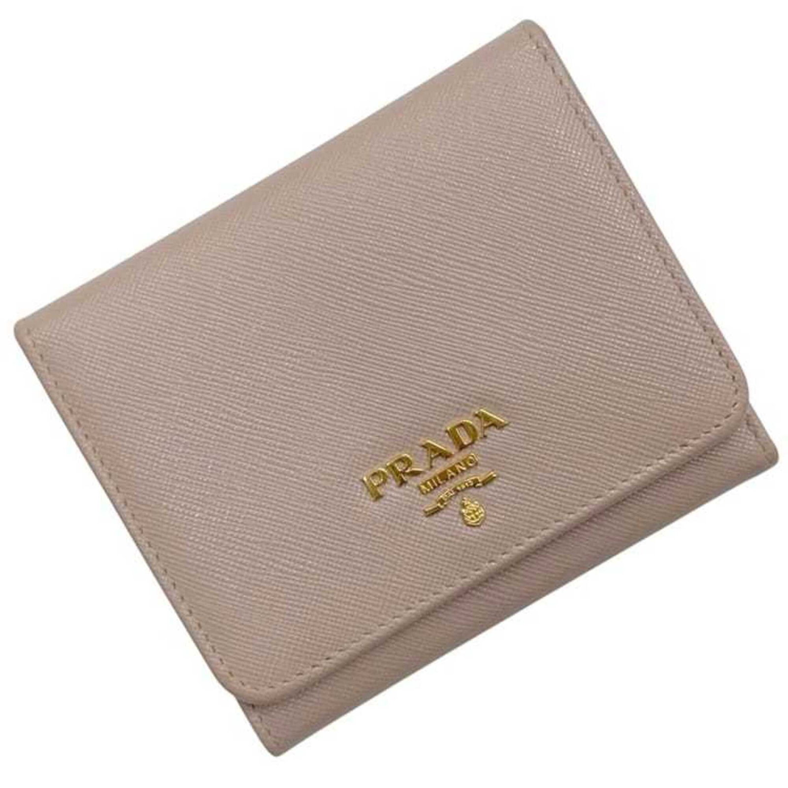 Prada Wallet (Tri-Fold) Saffiano Triangle: Prada Wallet (Tri-Fold) Saffiano Triangle Saffiano triangle leather provides a durable and versatile base for this Prada wallet, featuring a classic tri-fold design. The beige color adds a touch of un