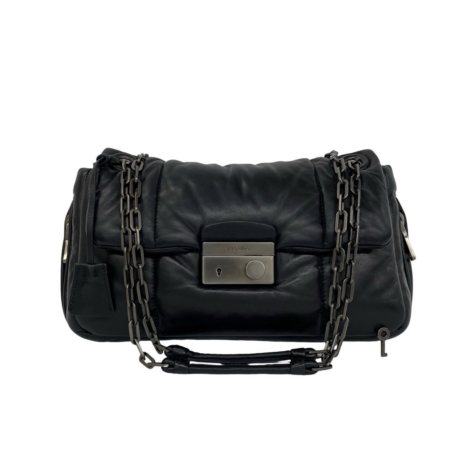 Shoulder Bag Leather Pochette Prada: Shoulder Bag Leather Pochette Prada Black leather Prada pochette with a classic shoulder design, measuring 19.5cm x 30cm x 5cm. This sleek and stylish bag features high-quality leather construction
