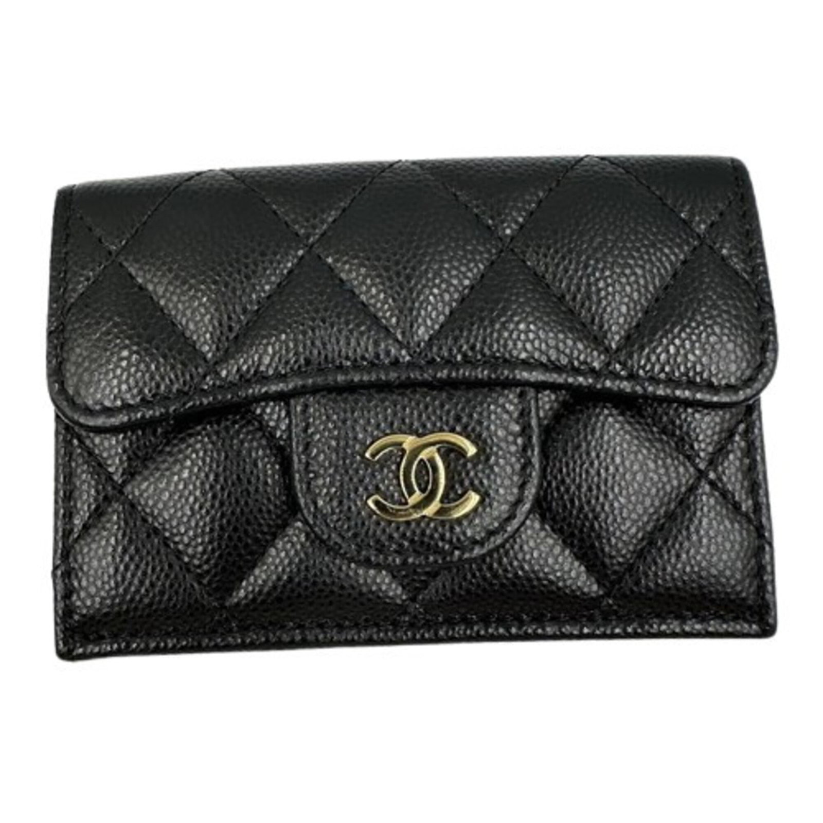 Chanel Wallet (Tri-Fold) Grained Calfskin: Chanel Wallet (Tri-Fold) Grained Calfskin This black tri-fold wallet is crafted from high-quality grained calfskin, offering a classic and timeless design. With its sleek dimensions and sturdy
