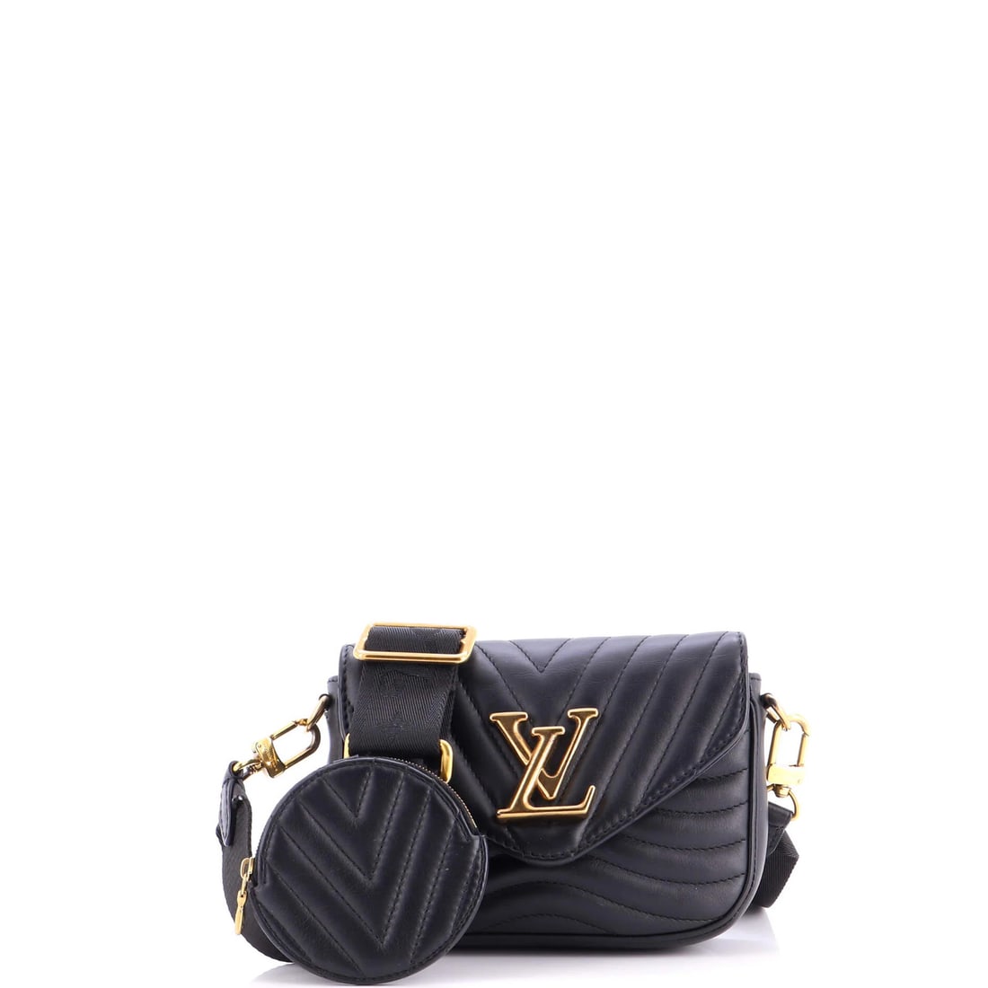 Vuitton Multi Leather Pochette Quilted New Louis: Vuitton Multi Leather Pochette Quilted New Louis Black Vuitton Multi Leather Pochette Quilted New Wave Bag with Chain Strap, featuring a classic cross-body design and quilted leather exterior. The