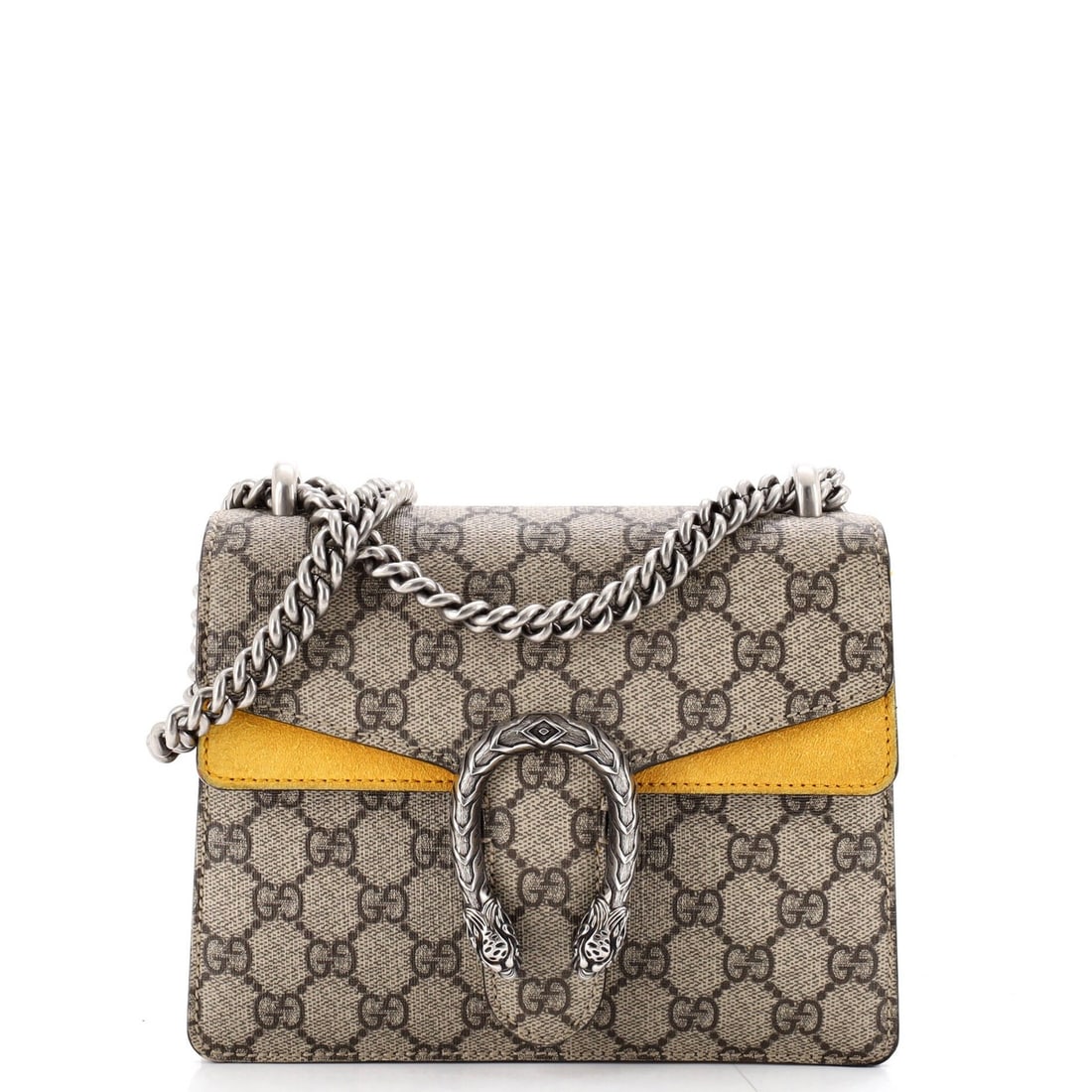 Gucci Coated Canvas Bag GG Dionysus Mini: Gucci Coated Canvas Bag GG Dionysus Mini Yellow GG Dionysus Mini bag with canvas coated suede exterior and suede interior, featuring aged silver hardware. The bag has a mini size with a handle drop