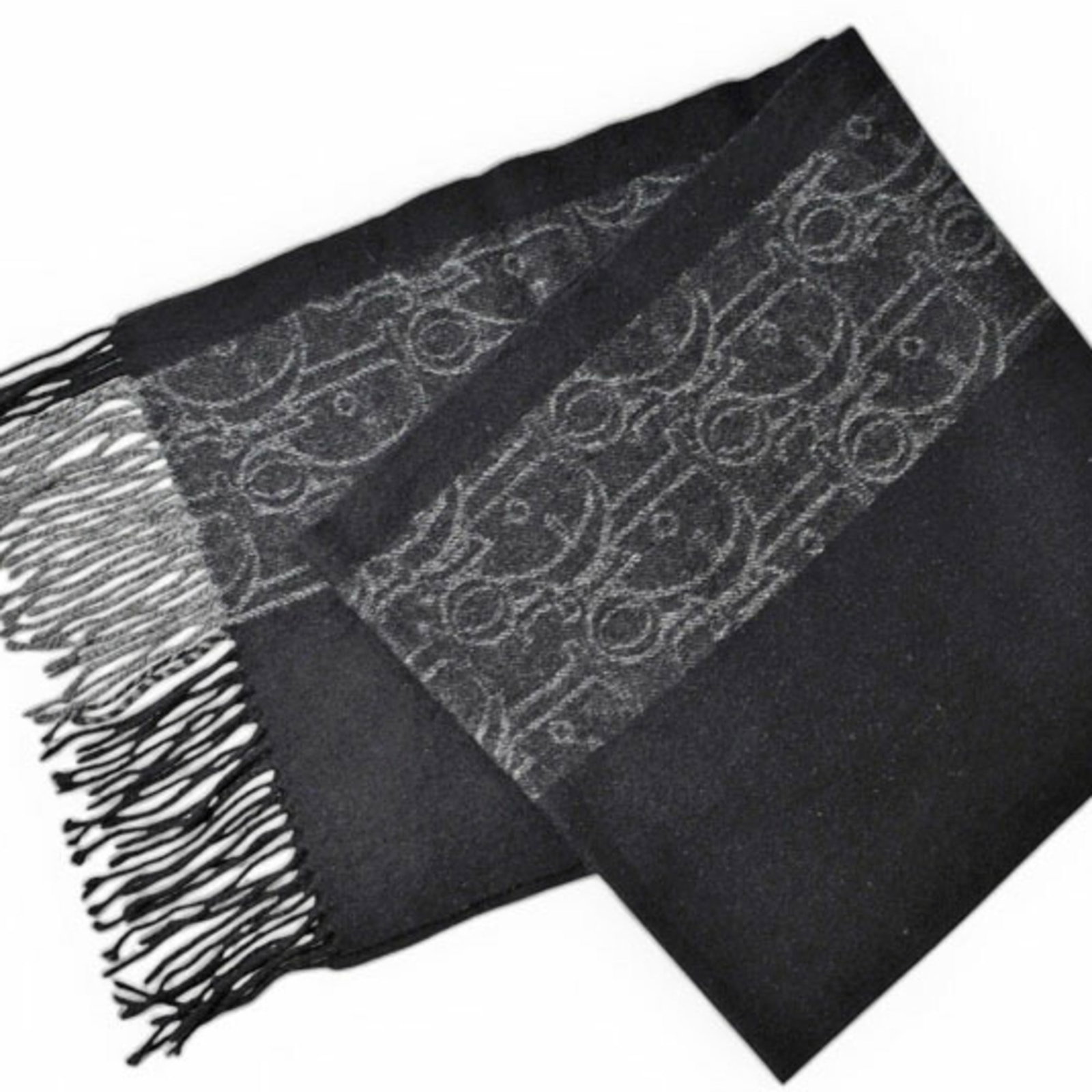 Cashmere Stole By Christian Dior: Cashmere Stole By Christian Dior Black and gray cashmere stole by Christian Dior, measuring 1.54m x 36cm, offers a luxurious touch to any outfit. Made from a blend of wool and cashmere, this stole is