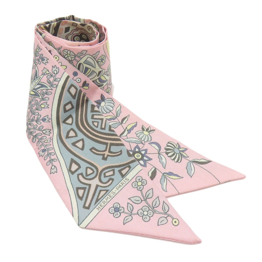 Hermes Silk Twilly Scarf: Hermes Silk Twilly Scarf Pink silk twilly scarf with an open closure, made from high-quality silk, and featuring a vibrant pink exterior color. This stylish accessory showcases the iconic Herm?s