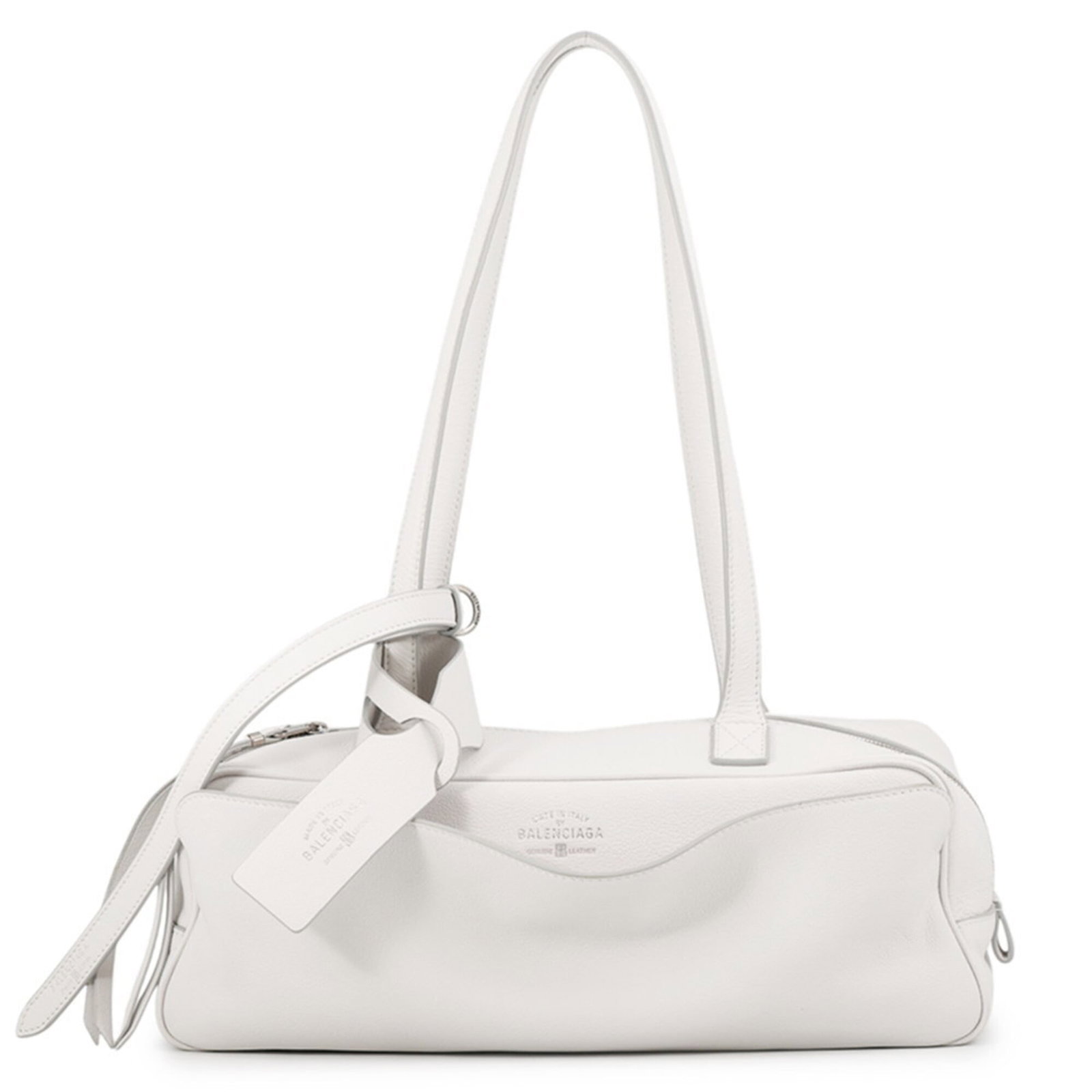 Balenciaga Handbag Shoulder Bag Leather: Balenciaga Handbag Shoulder Bag Leather White leather shoulder bag from Balenciaga, featuring a silver zipper closure and two zipper pockets. The bag measures 11.5cm x 32.5cm x 12cm and weighs 580g.