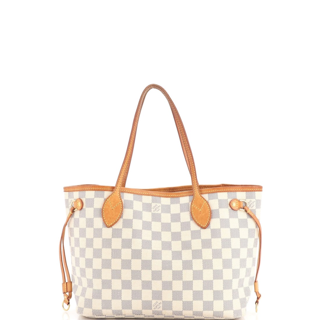Damier PM Louis Vuitton Neverfull Tote: Damier PM Louis Vuitton Neverfull Tote White Damier PM canvas coated exterior, a classic design element of the iconic Neverfull Tote, adds a touch of timeless elegance to this pre-owned Louis Vuitton