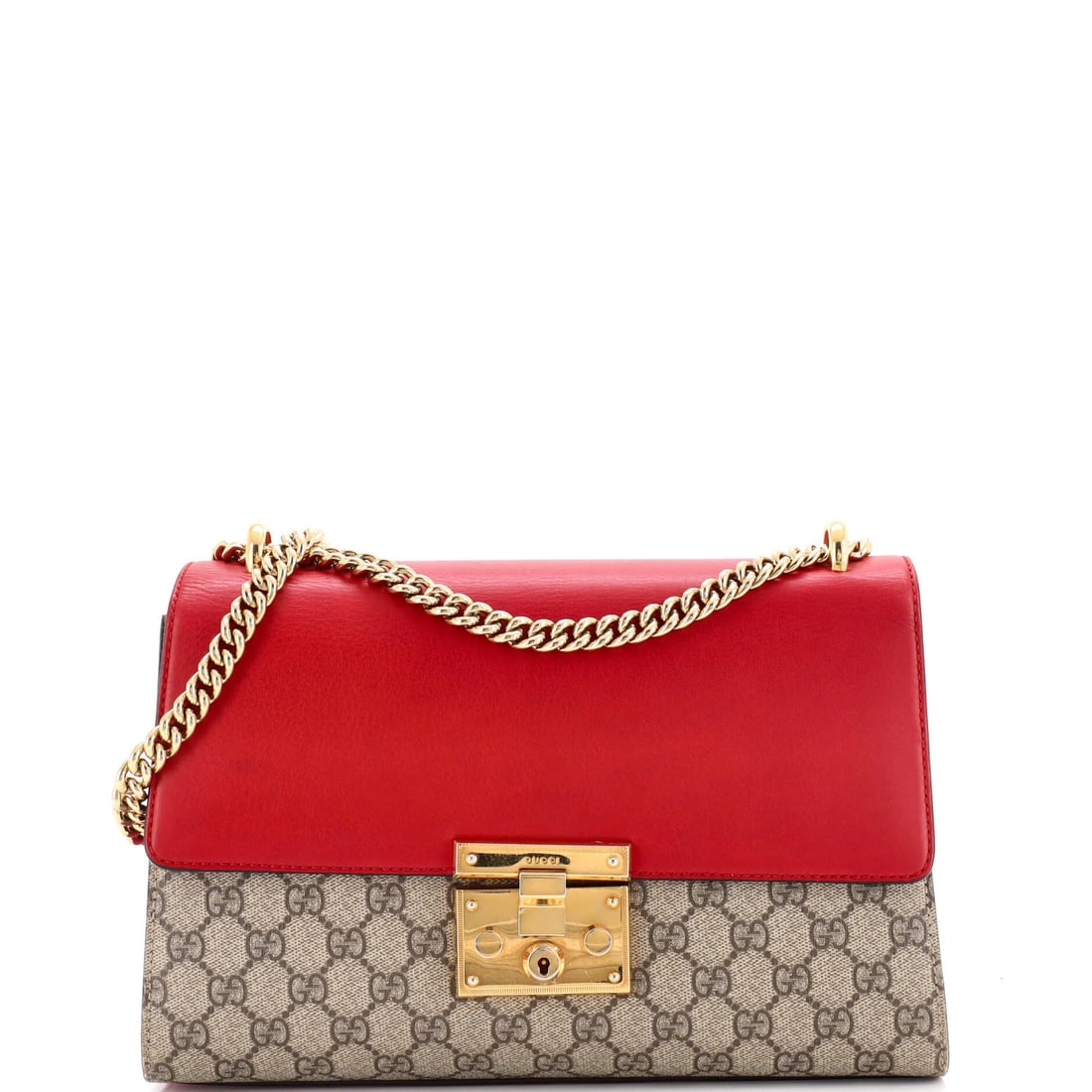 Gucci Medium Bag Coated Canvas Leather Padlock Shoulder GG: Gucci Medium Bag Coated Canvas Leather Padlock Shoulder GG Canvas Coated Leather Padlock Shoulder Bag in Multicolor with Gold Hardware. This Gucci Medium Bag features a unique combination of coated ca
