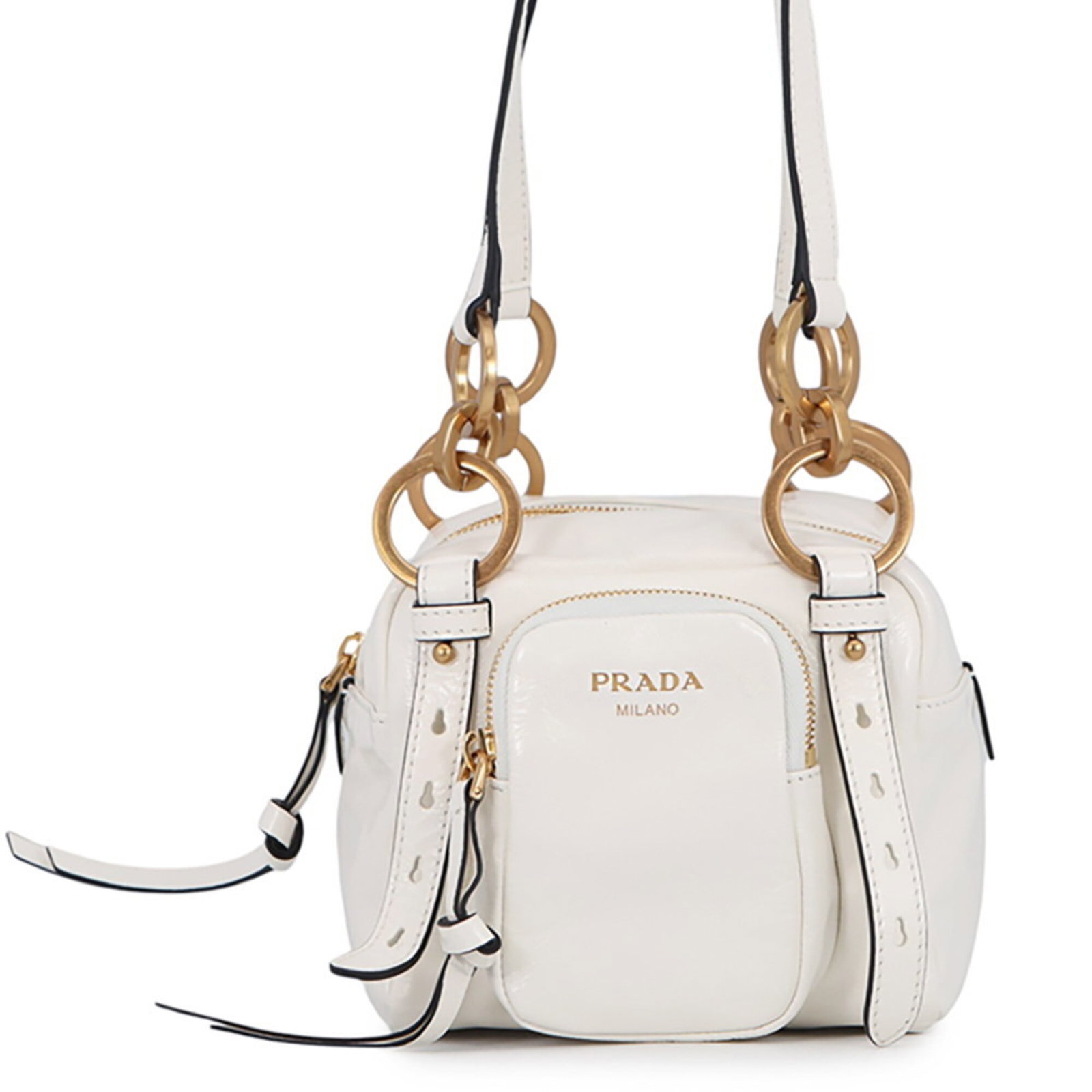 Prada Handbag Shoulder Bag Leather: Prada Handbag Shoulder Bag Leather White Prada leather shoulder bag with dimensions 14.5cm x 15cm x 13cm. Made from high-quality leather, this handbag features a classic design with clean lines and a 