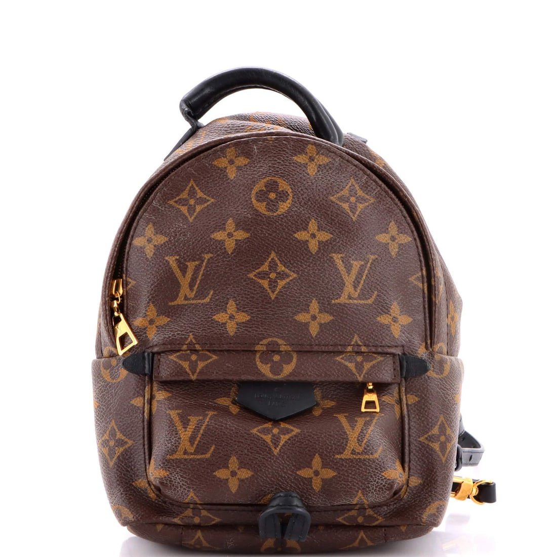 Vuitton Palm Springs Backpack Canvas Mini Monogram: Vuitton Palm Springs Backpack Canvas Mini Monogram Brown canvas mini backpack with gold hardware, featuring the iconic Palm Springs monogram pattern. Measuring 8.5" x 6.5" x 4" with a 18-23"