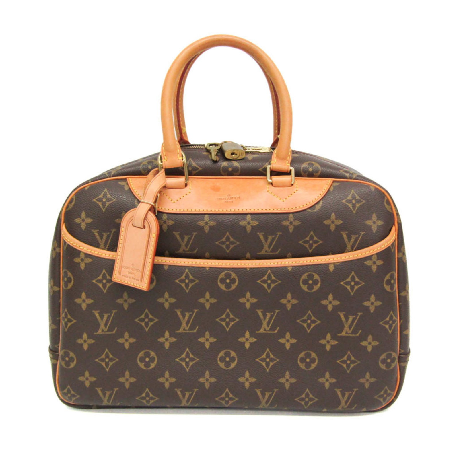 Louis Vuitton Monogram Handbag: Louis Vuitton Monogram Handbag Brown Louis Vuitton Monogram Deauville Handbag with Zipper Closure, Open Pockets and Bottle Holders. This classic handbag features the iconic Monogram pattern and a stur