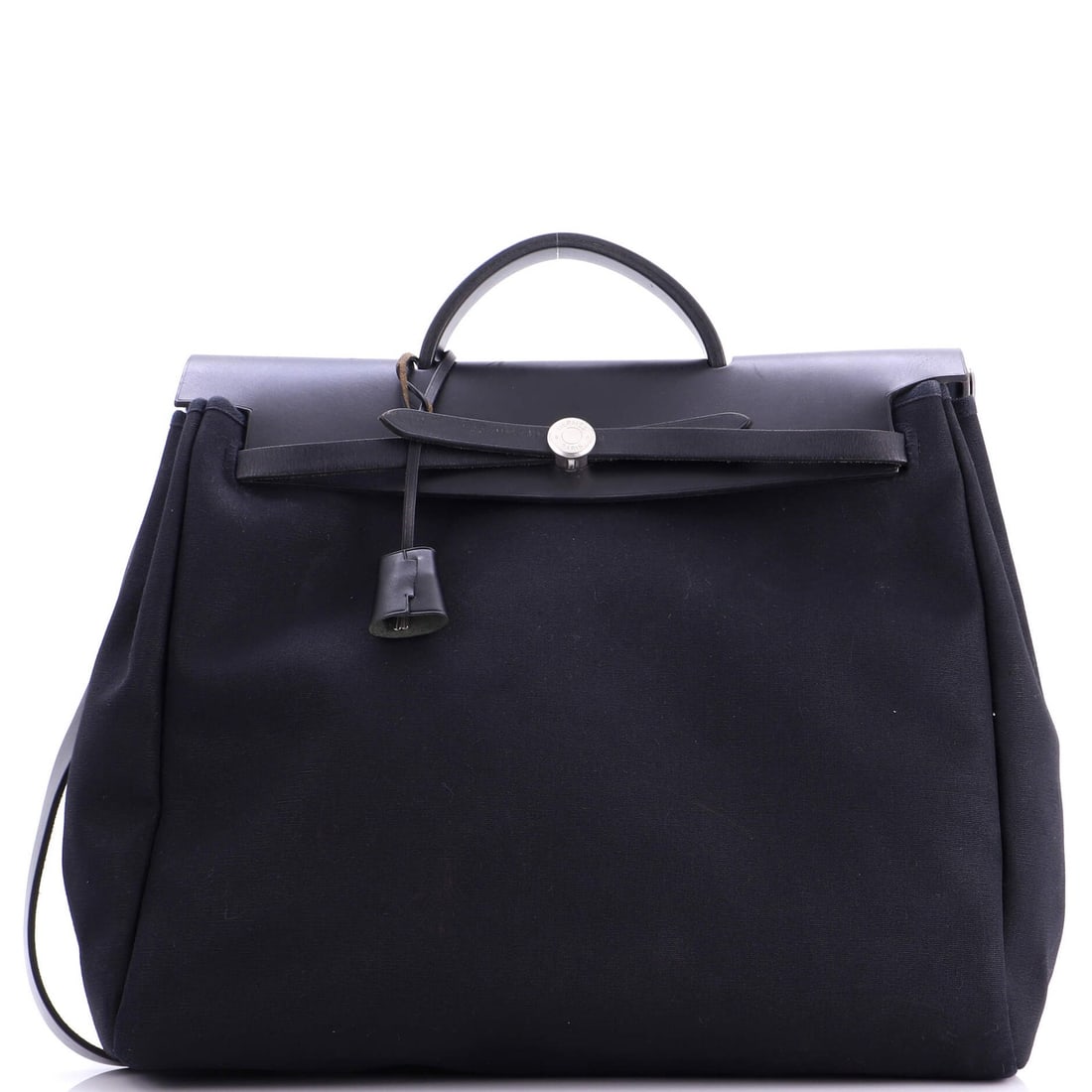 Herbag Hermes Leather Toile MM: Herbag Hermes Leather Toile MM Black Herbag Toile MM Leather Handbag with Top Handle, featuring a classic design with a timeless black leather exterior, canvas interior, and a secure lock clochette