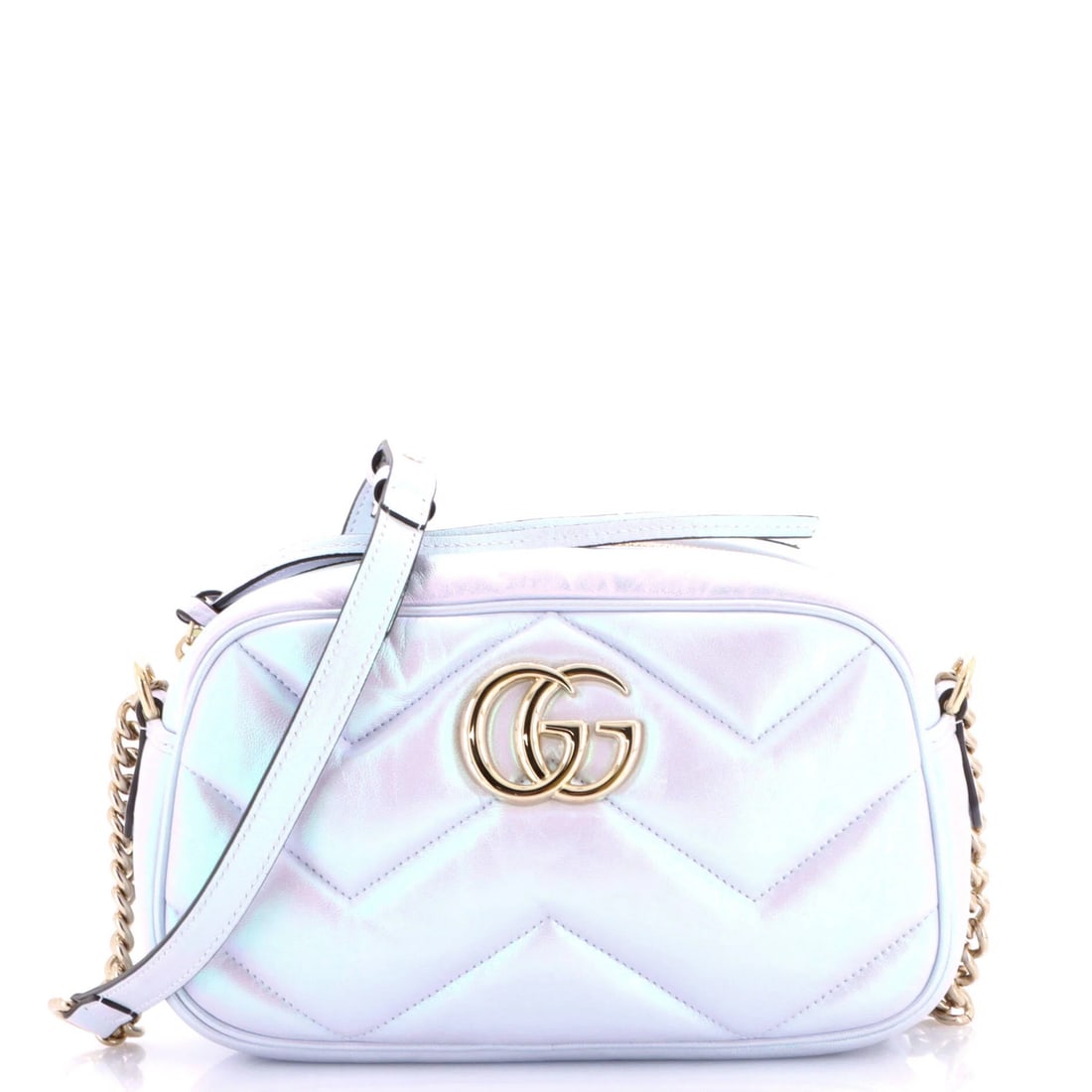 Gucci Marmont Chevron Iridescent Small Leather Bag Shoulder: Gucci Marmont Chevron Iridescent Small Leather Bag Shoulder Purple and blue iridescent chevron leather small shoulder bag from Gucci's GG Marmont collection. Measuring 5" tall, 9.5" wide, and 3" deep,